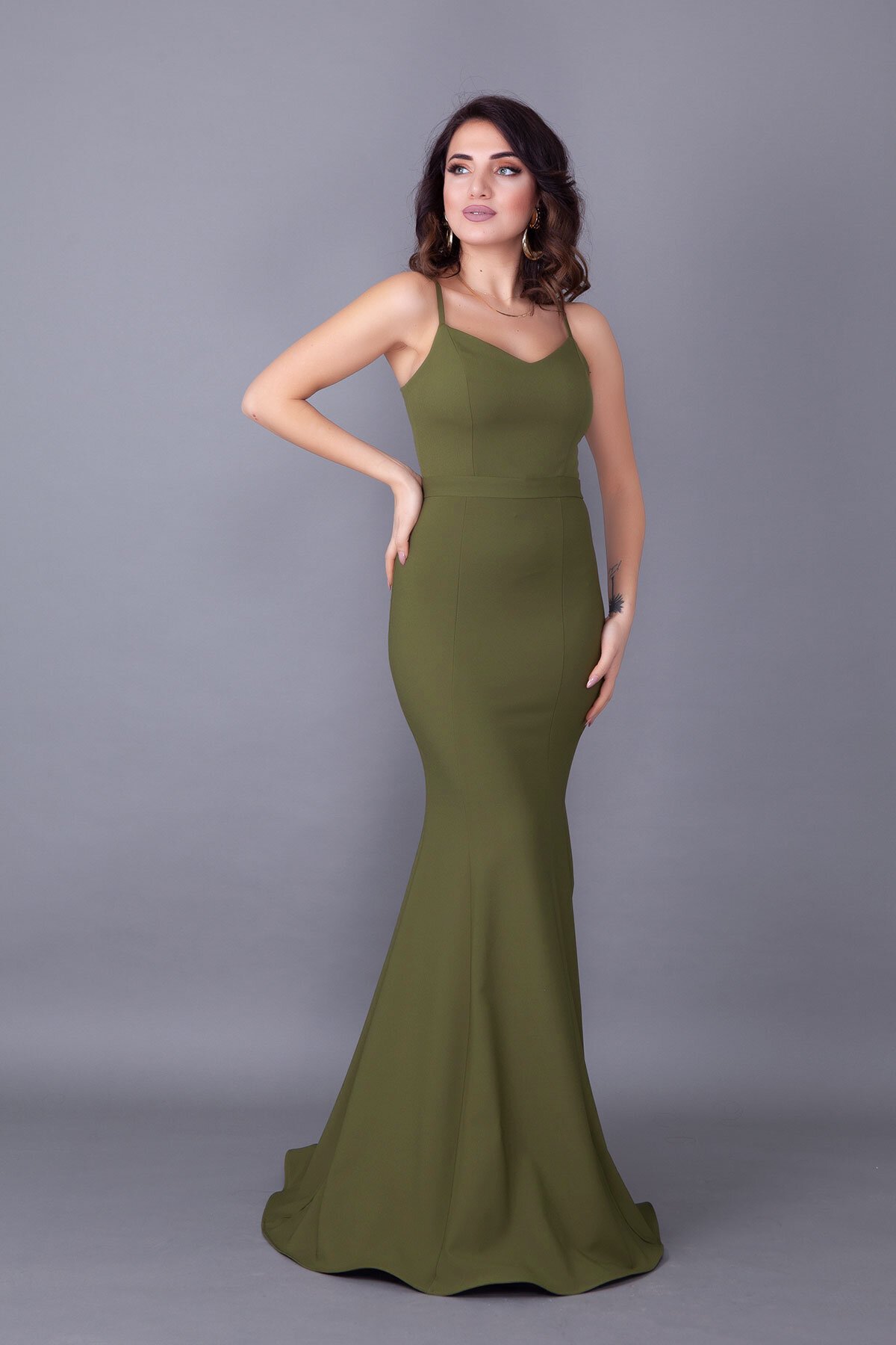 Long Mermaid Back Lace-Up Detail Evening Dress - Khaki - Bidoluelbise