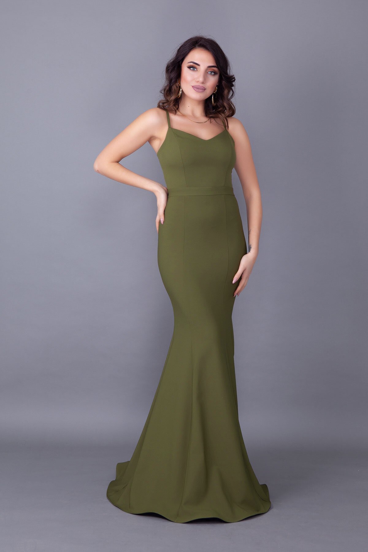 Long Mermaid Back Lace-Up Detail Evening Dress - Khaki - Bidoluelbise