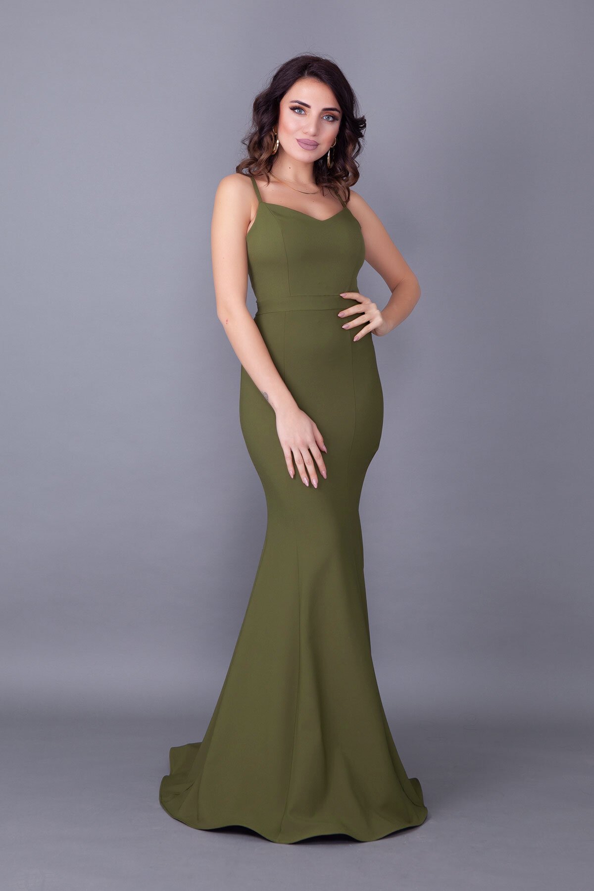 Long Mermaid Back Lace-Up Detail Evening Dress - Khaki - Bidoluelbise