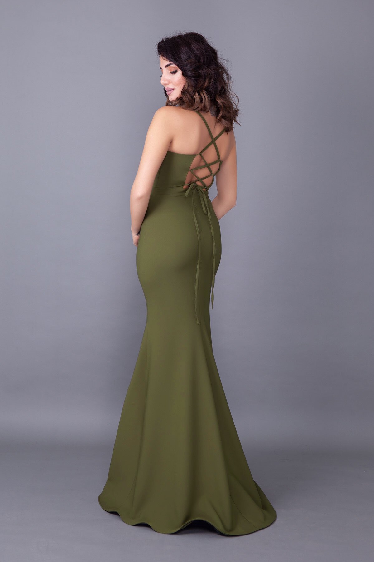 Long Mermaid Back Lace-Up Detail Evening Dress - Khaki - Bidoluelbise
