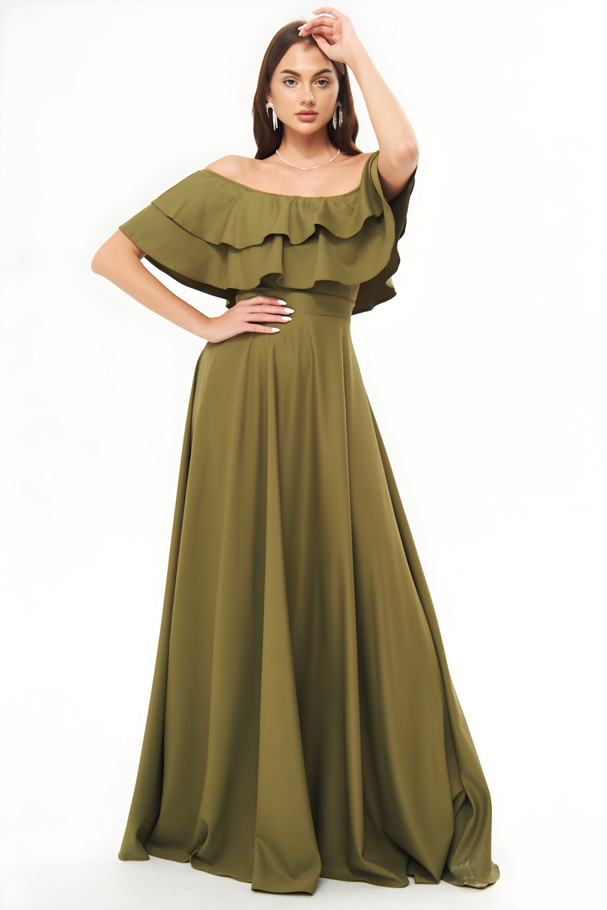 Haki Uzun Kloş Düşük Omuz Çift Kat Fırfır Detay Abiye Elbise - Bidoluelbise