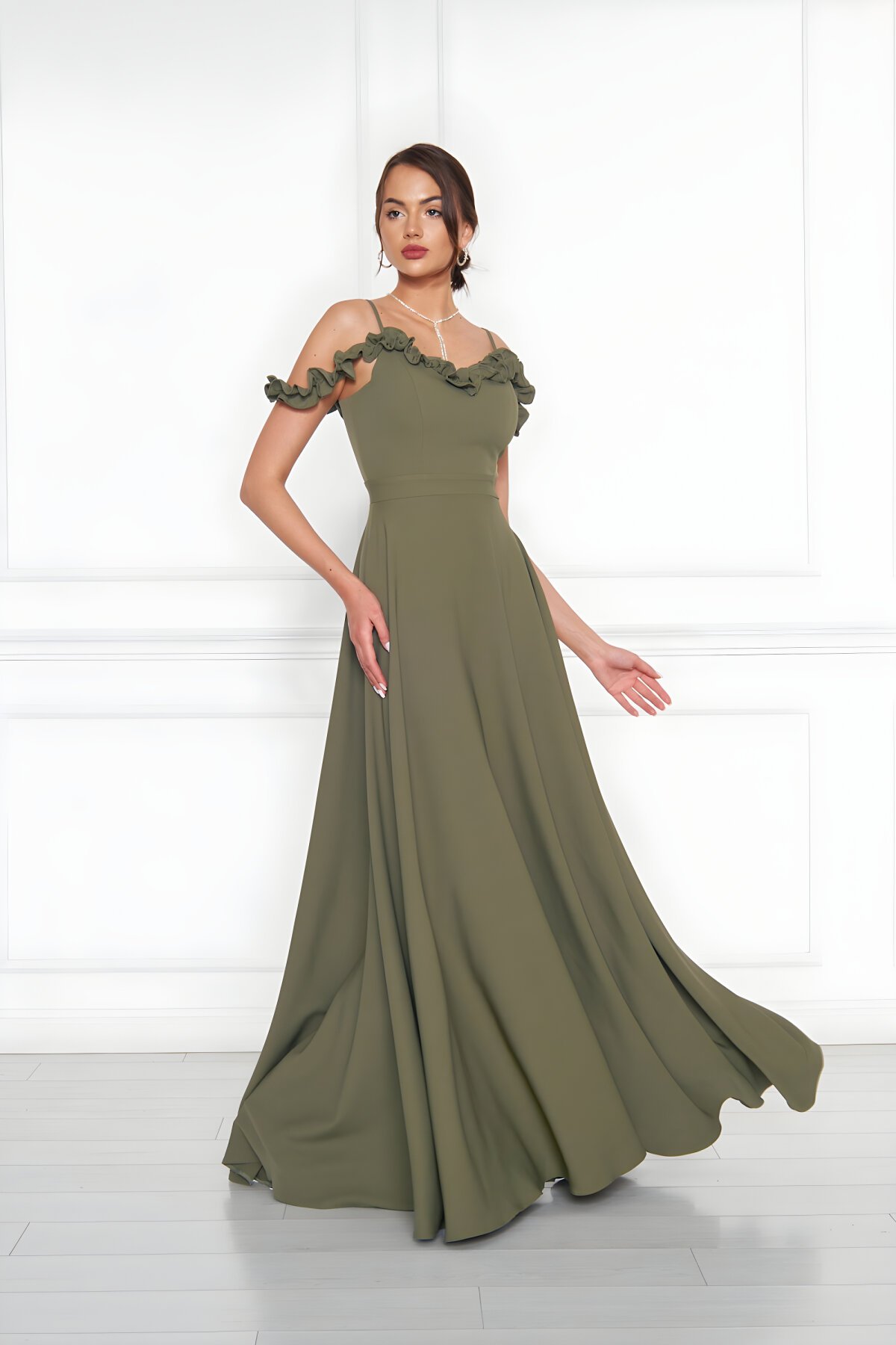 Long Flared Strapless Ruffle-Detail Evening Dress - Khaki - Bidoluelbise