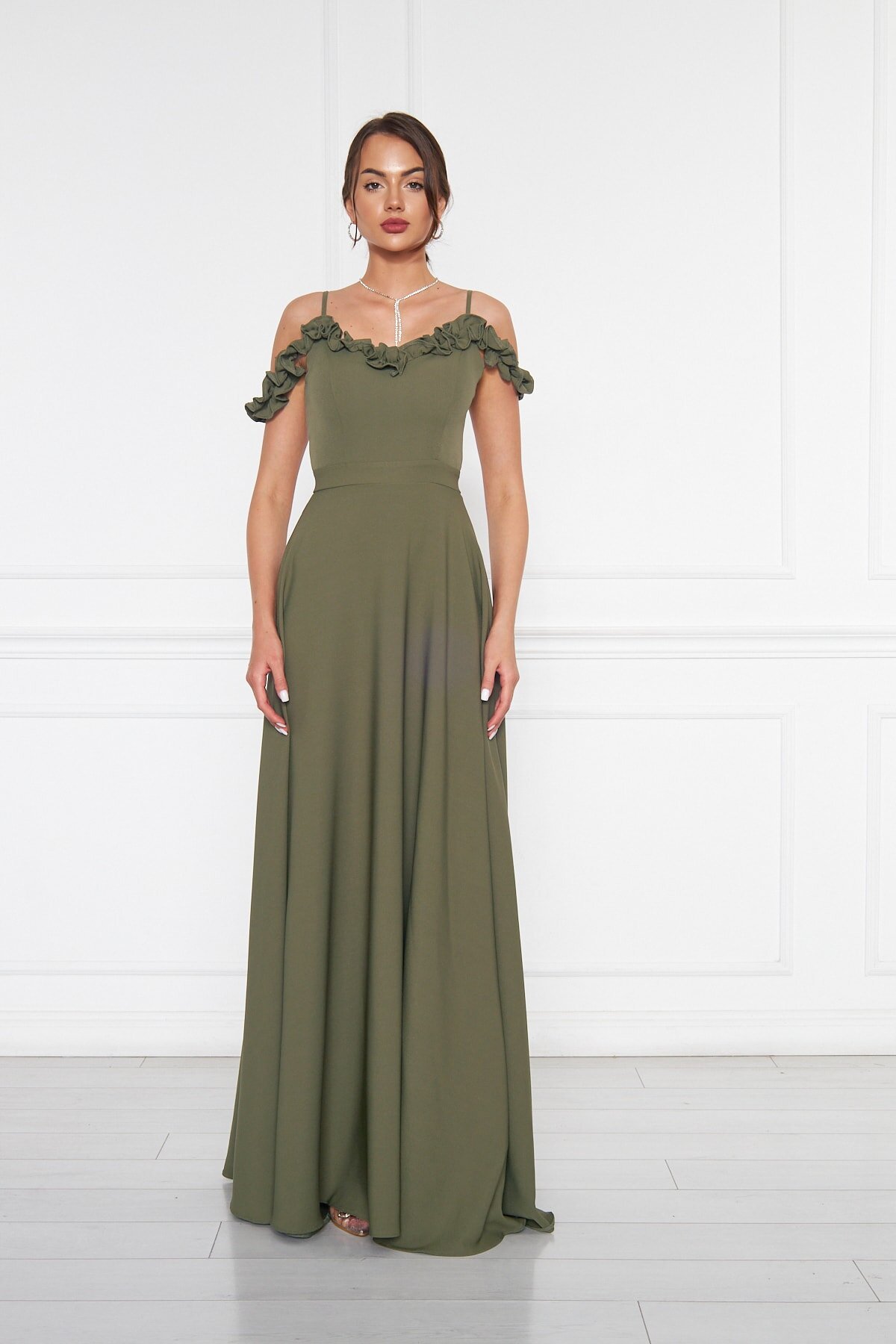 Long Flared Strapless Ruffle-Detail Evening Dress - Khaki - Bidoluelbise