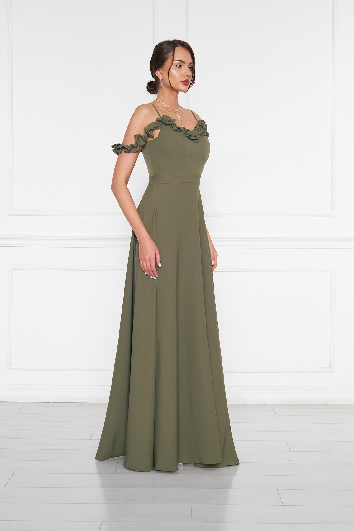 Long Flared Strapless Ruffle-Detail Evening Dress - Khaki - Bidoluelbise