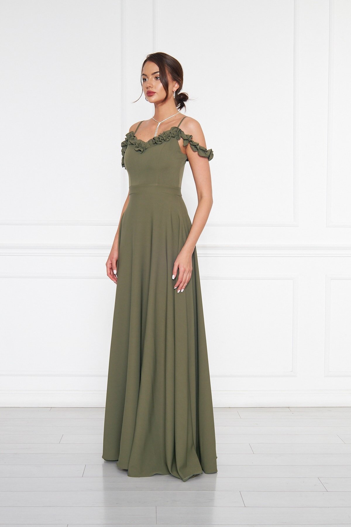 Long Flared Strapless Ruffle-Detail Evening Dress - Khaki - Bidoluelbise