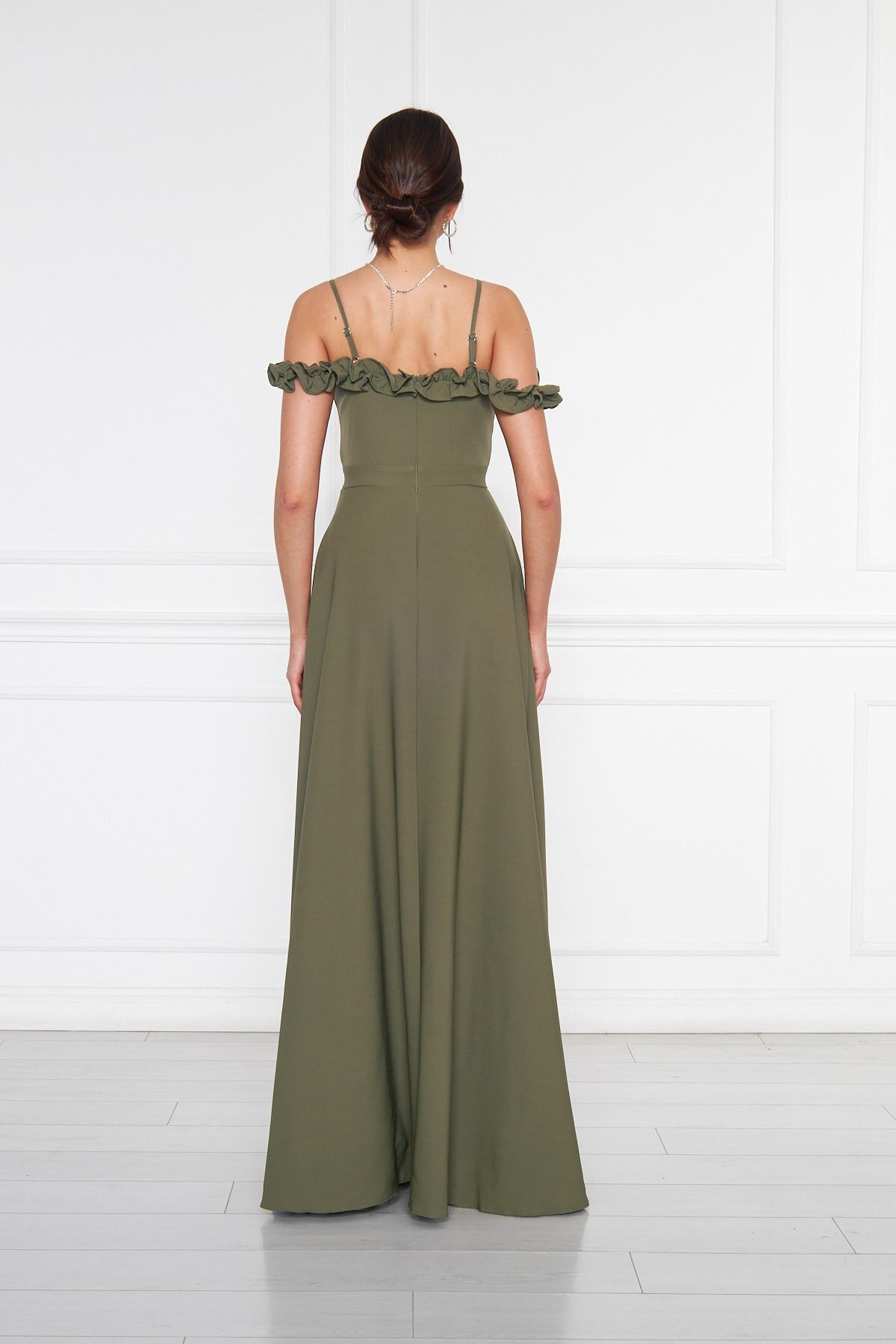 Long Flared Strapless Ruffle-Detail Evening Dress - Khaki - Bidoluelbise