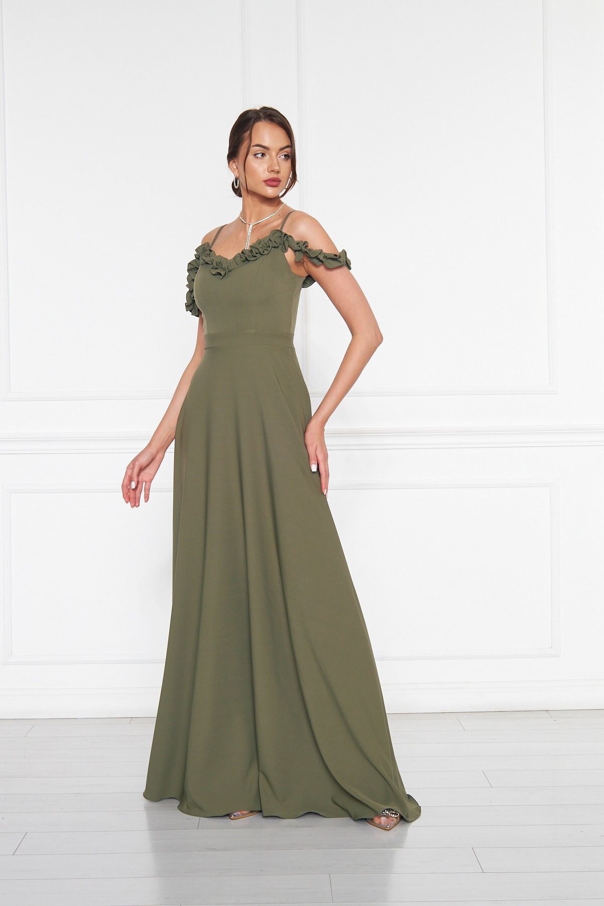 Long Flared Strapless Ruffle-Detail Evening Dress - Khaki - Bidoluelbise