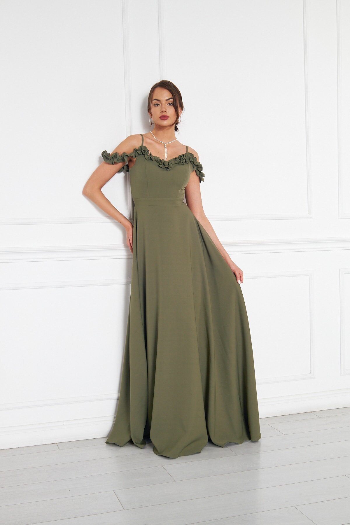 Long Flared Strapless Ruffle-Detail Evening Dress - Khaki - Bidoluelbise