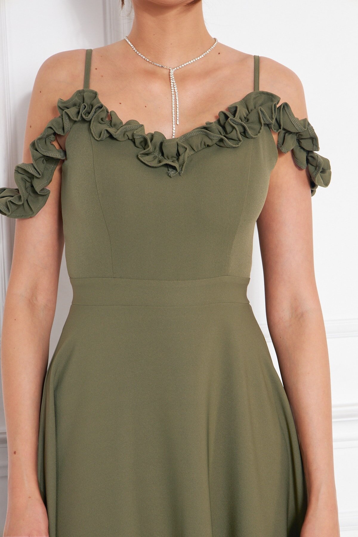 Long Flared Strapless Ruffle-Detail Evening Dress - Khaki - Bidoluelbise