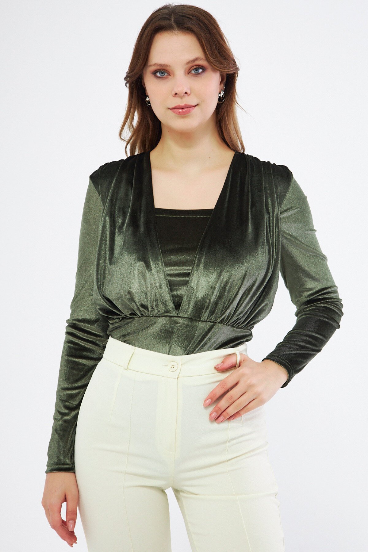 Long Sleeve Velvet Ruched Snap-Closure Bodysuit - Khaki - Bidoluelbise