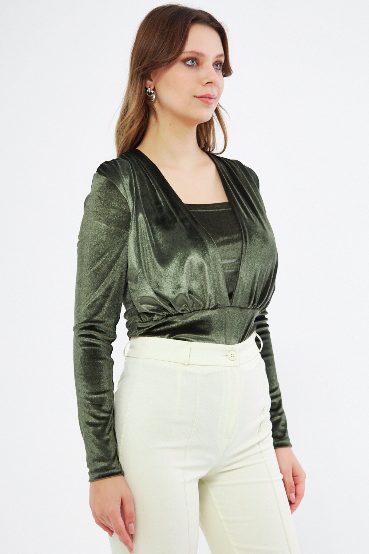 Long Sleeve Velvet Ruched Snap-Closure Bodysuit - Khaki - Bidoluelbise