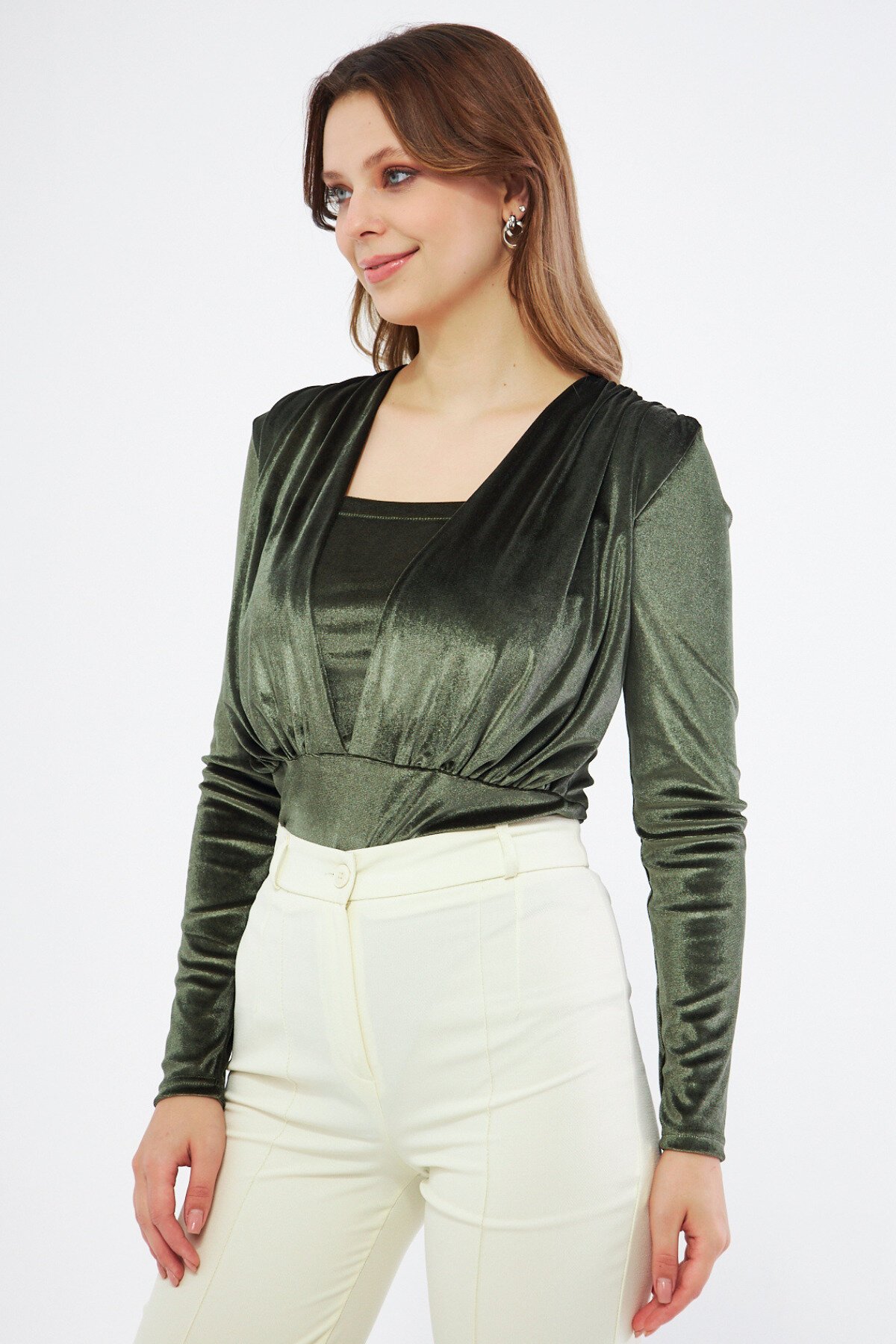Long Sleeve Velvet Ruched Snap-Closure Bodysuit - Khaki - Bidoluelbise