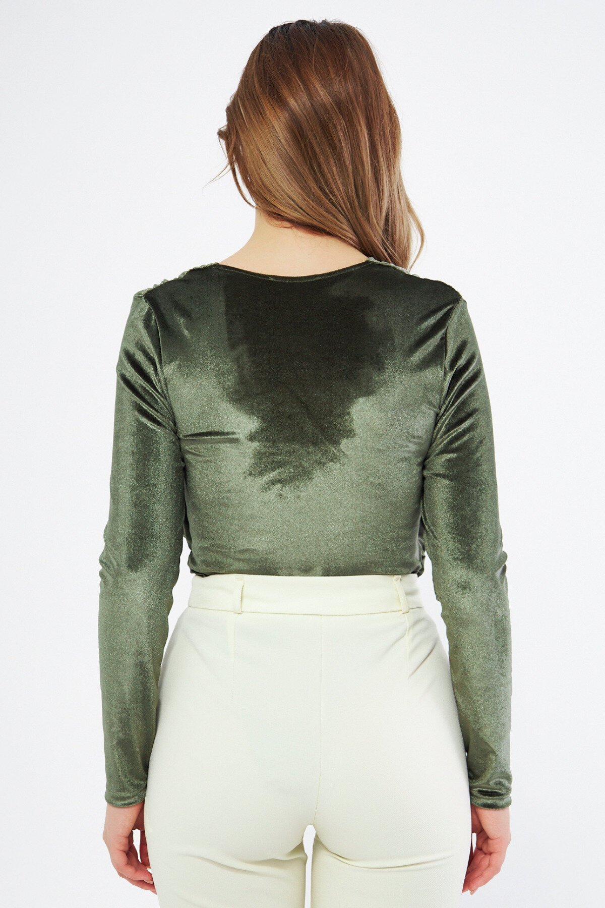 Long Sleeve Velvet Ruched Snap-Closure Bodysuit - Khaki - Bidoluelbise