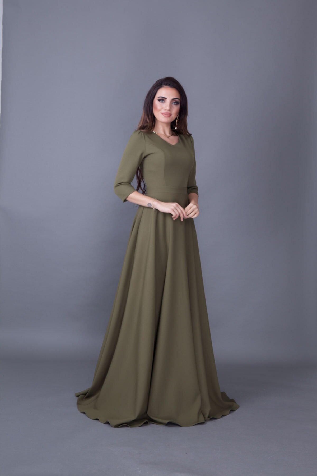 Long V-Neck Evening Dress - Khaki - Bidoluelbise