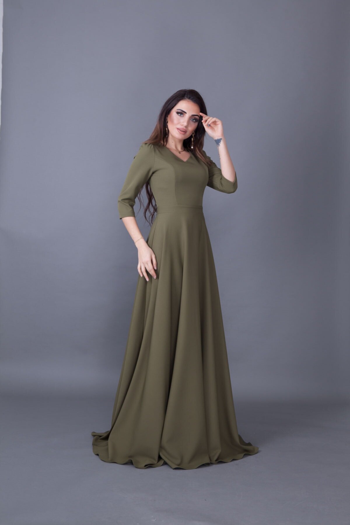 Long V-Neck Evening Dress - Khaki - Bidoluelbise