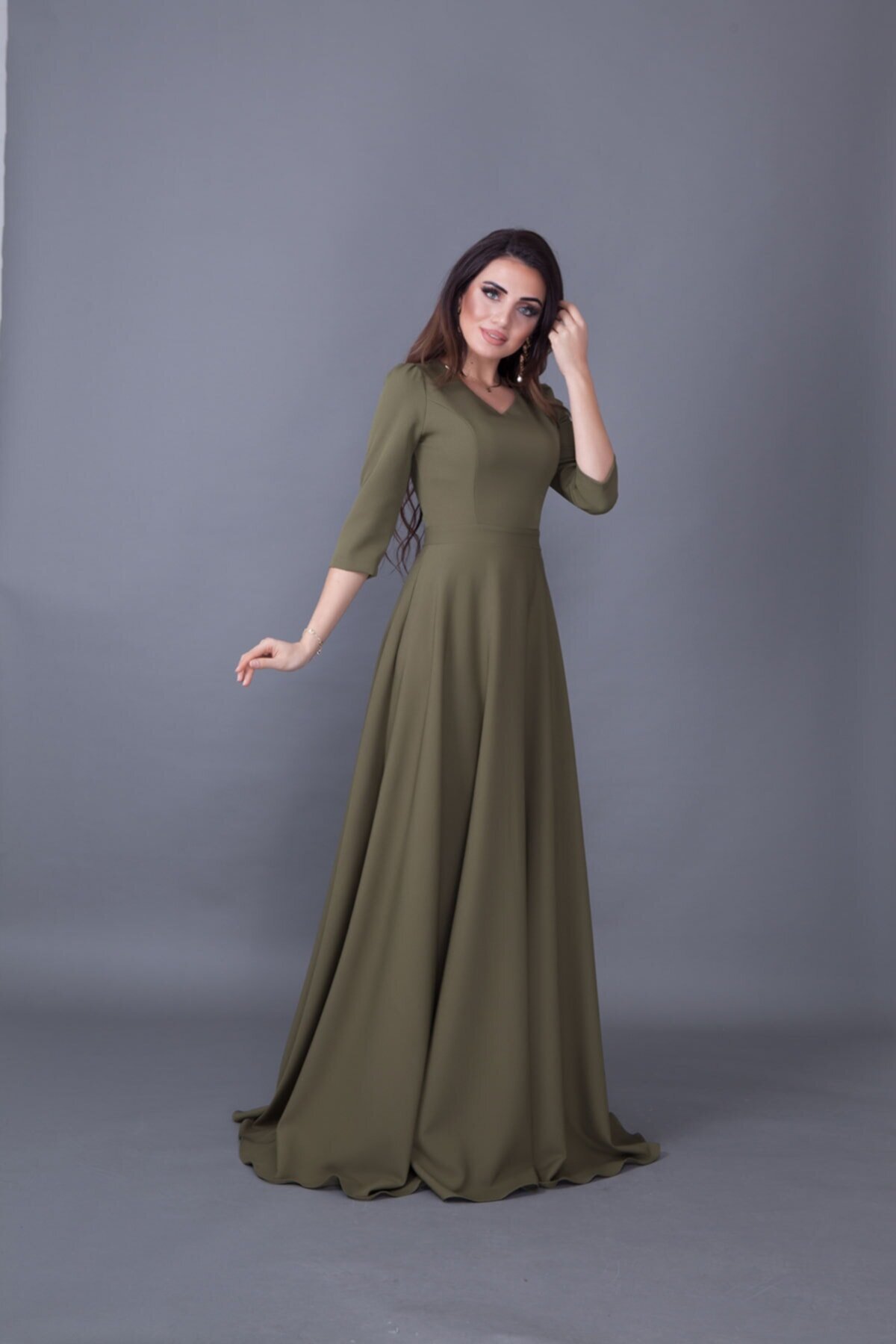 Long V-Neck Evening Dress - Khaki - Bidoluelbise