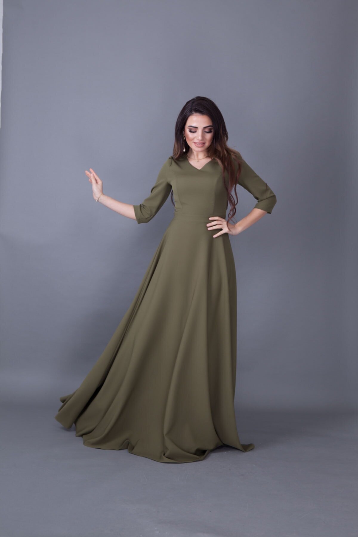Long V-Neck Evening Dress - Khaki - Bidoluelbise