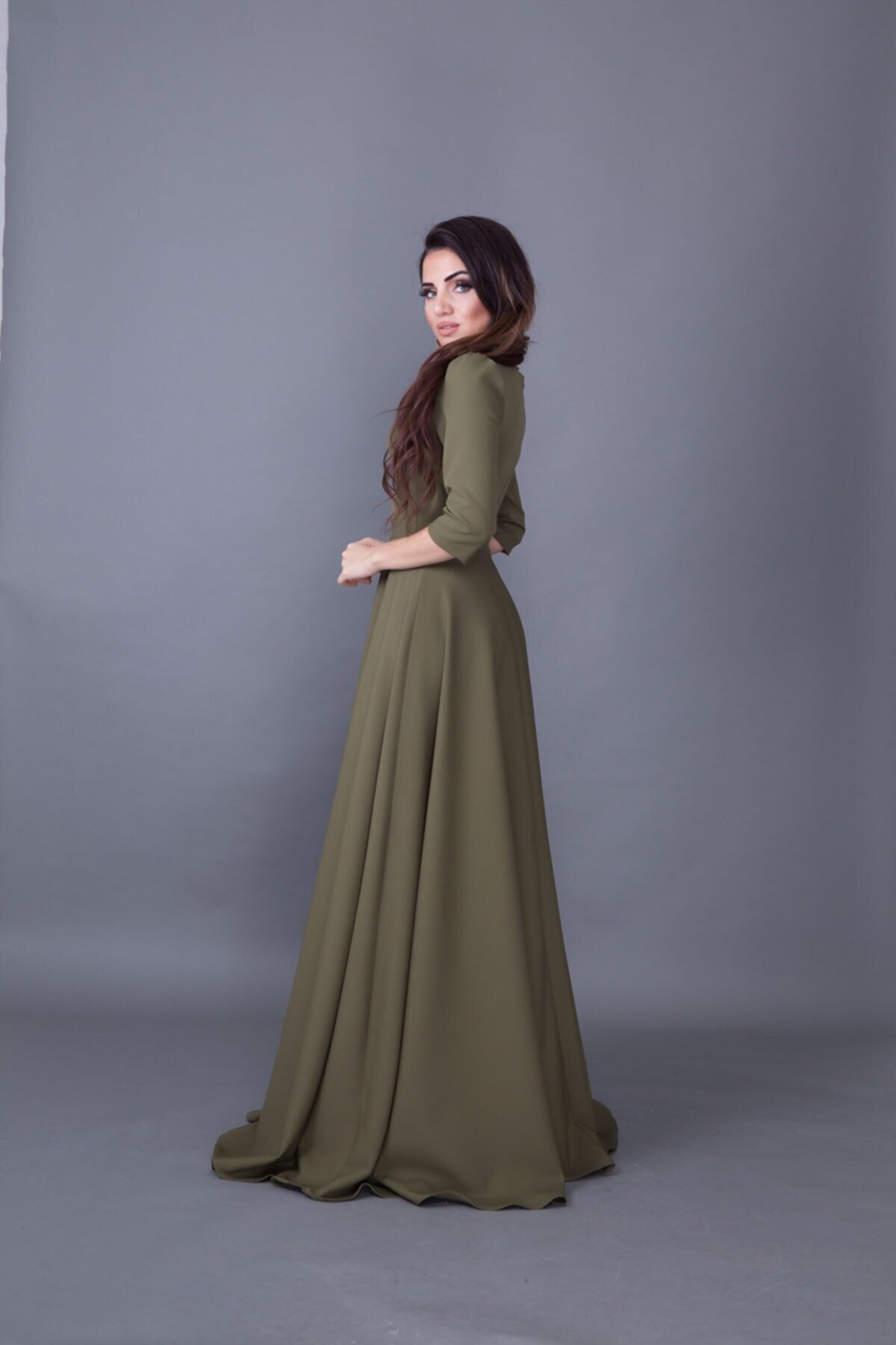 Long V-Neck Evening Dress - Khaki - Bidoluelbise
