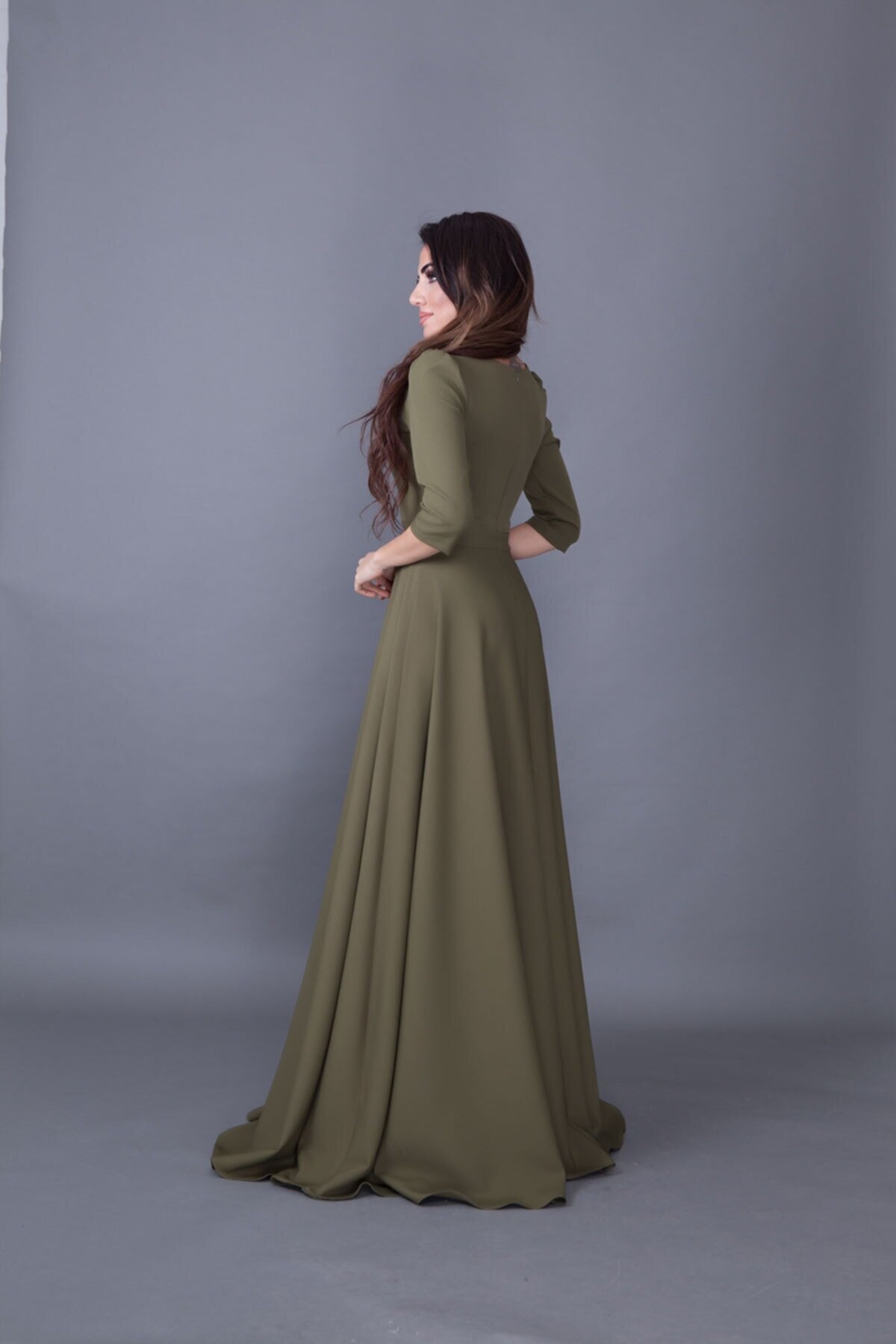 Long V-Neck Evening Dress - Khaki - Bidoluelbise