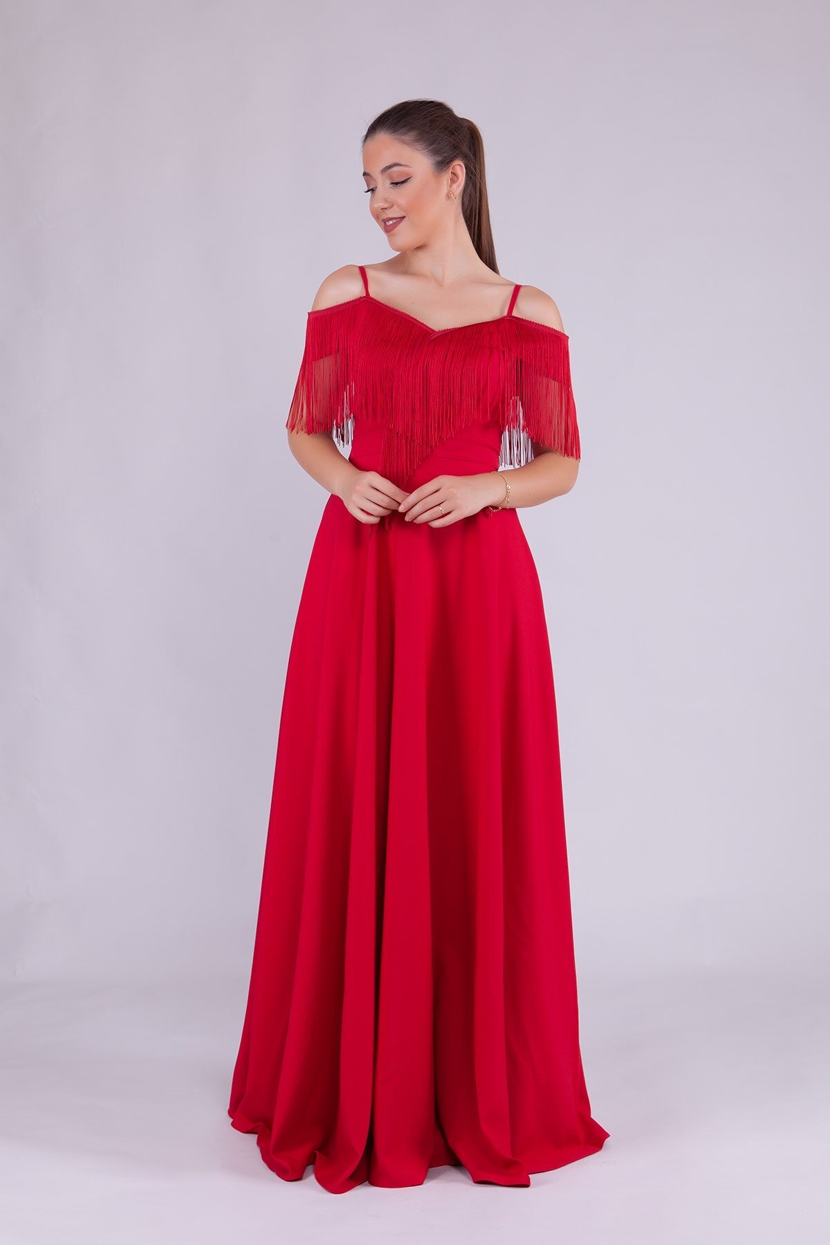 Long Strappy Boat Neck Tassel Detail Evening Dress - Red - Bidoluelbise