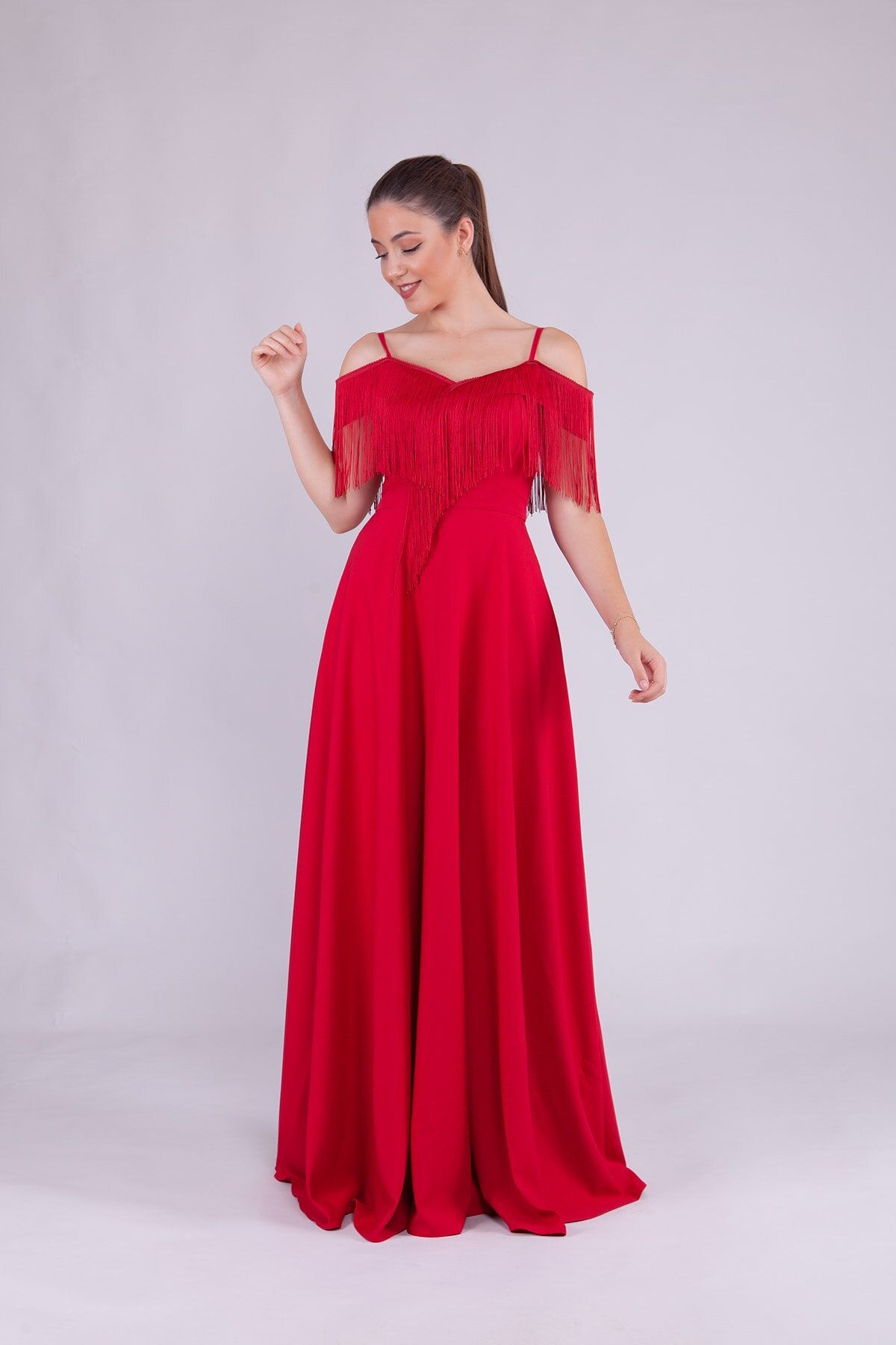 Long Strappy Boat Neck Tassel Detail Evening Dress - Red - Bidoluelbise