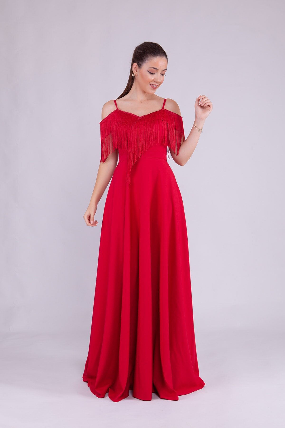 Long Strappy Boat Neck Tassel Detail Evening Dress - Red - Bidoluelbise
