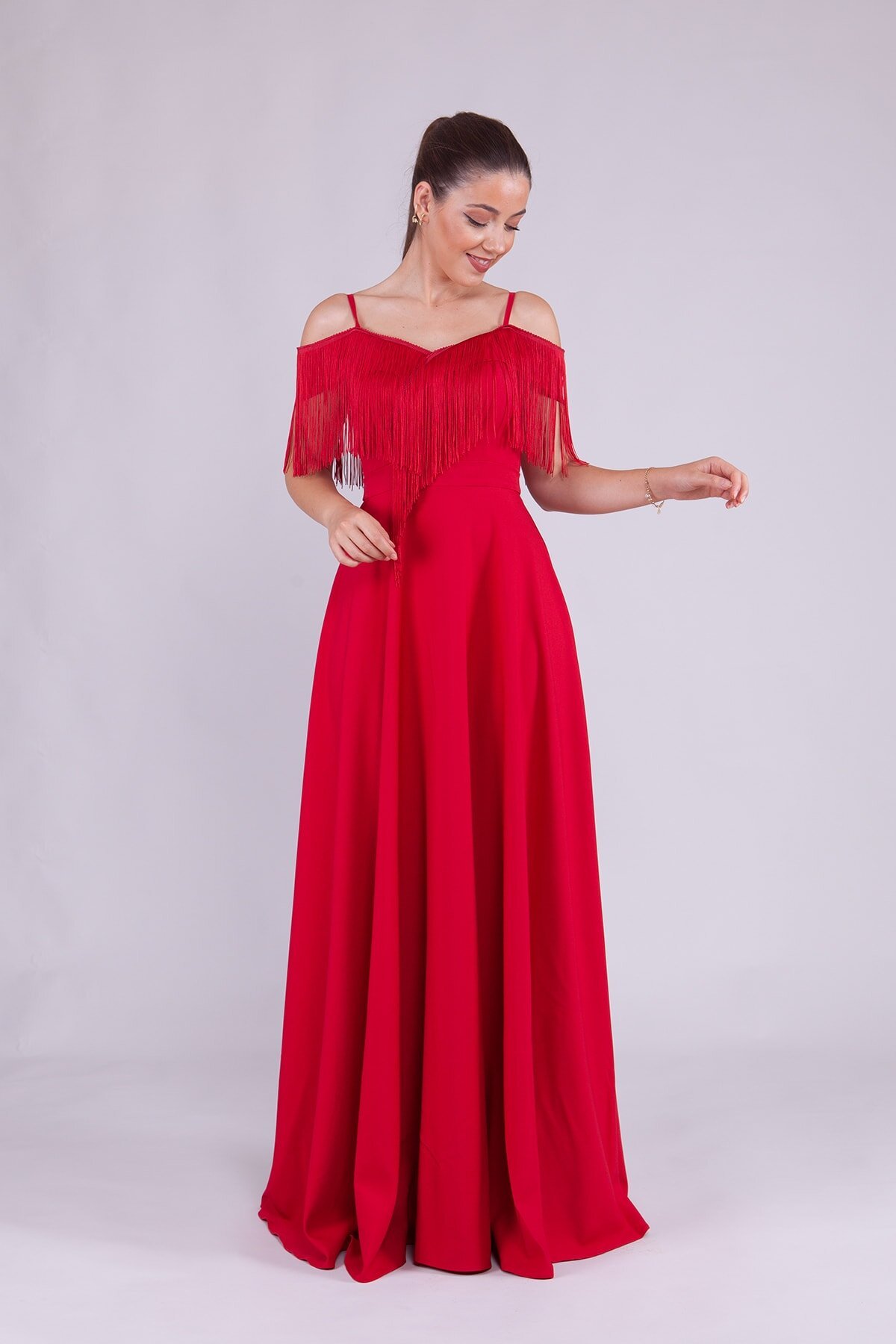 Long Strappy Boat Neck Tassel Detail Evening Dress - Red - Bidoluelbise