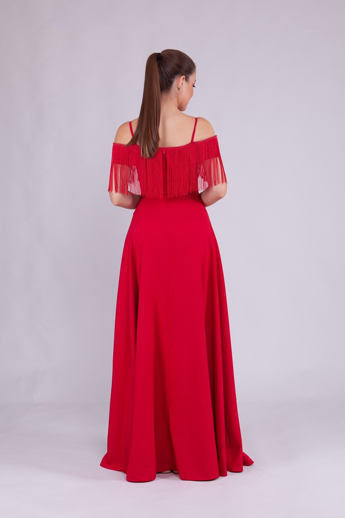 Long Strappy Boat Neck Tassel Detail Evening Dress - Red - Bidoluelbise
