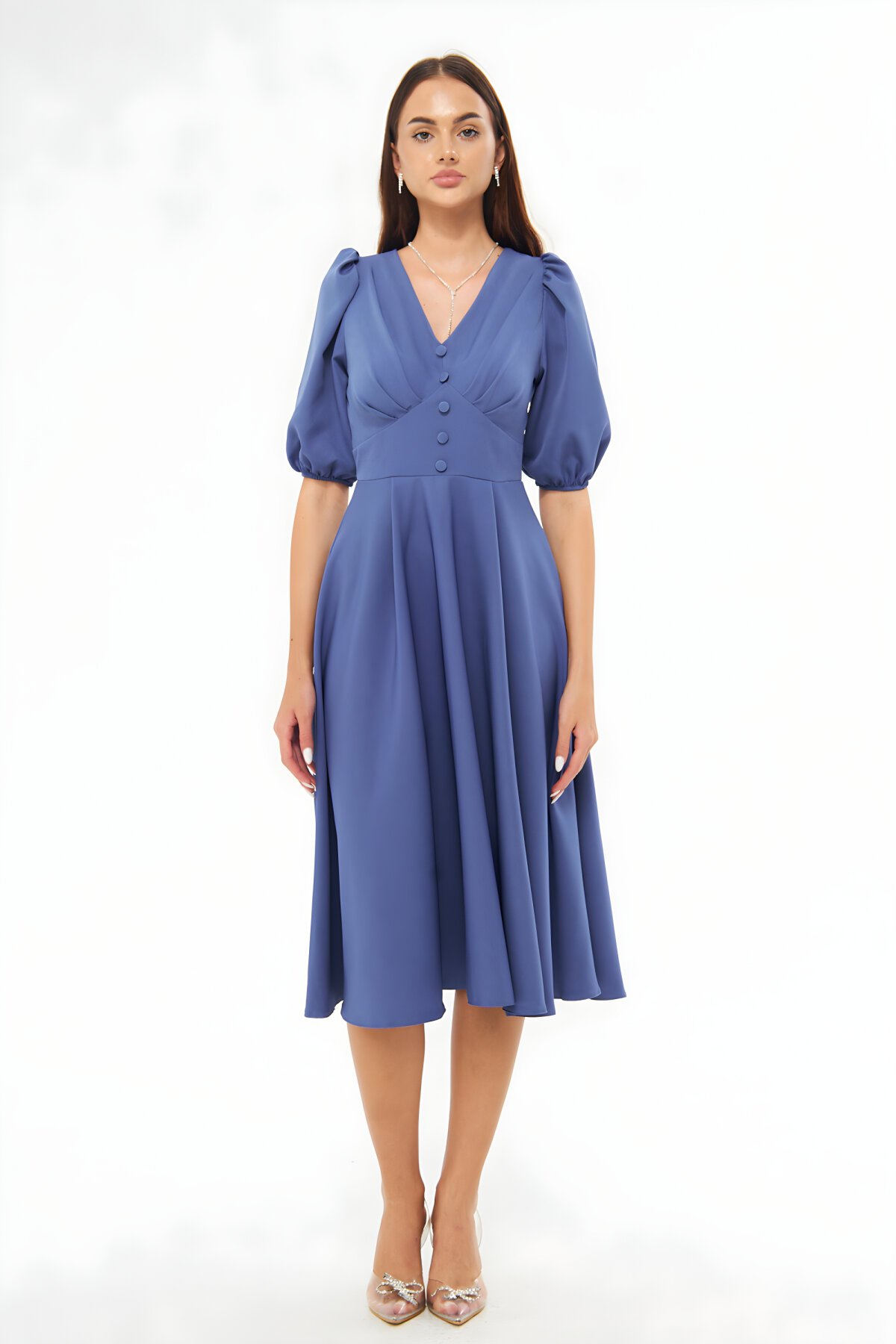 Kot Mavi Balon Kol V Yaka Korsaj Kemer Detaylı Midi Elbise - Bidoluelbise