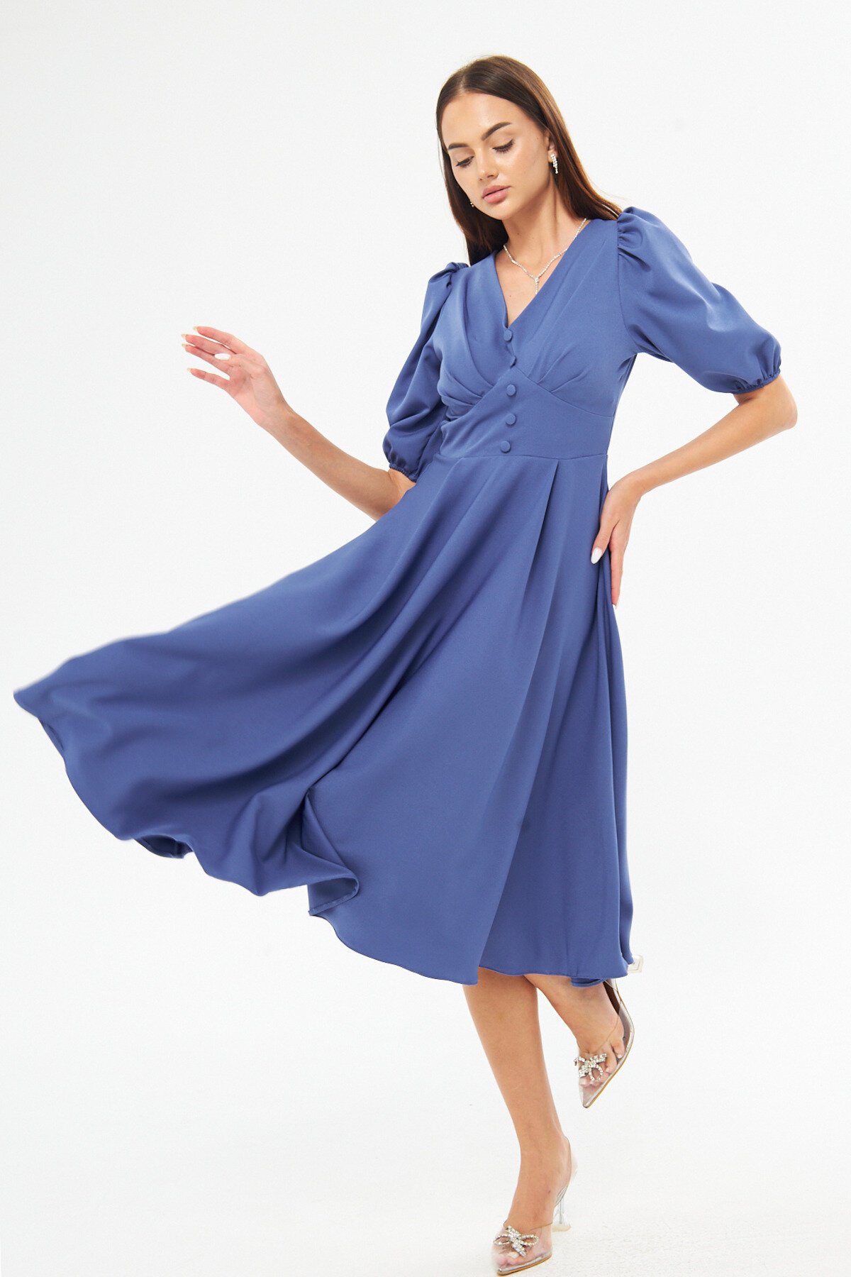 Midi Denim Balloon Sleeve V-Neck Corset Belt Detail Dress - Blue - Bidoluelbise