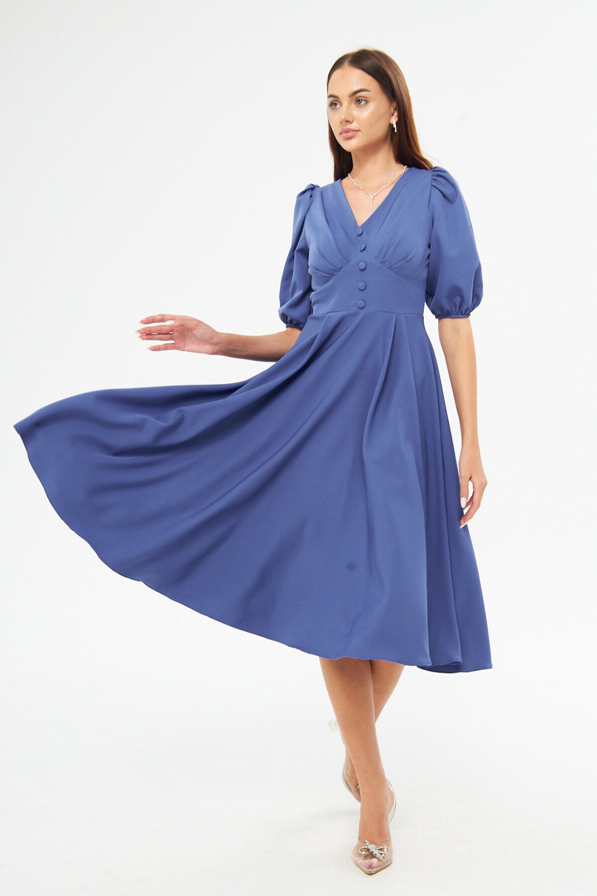 Midi Denim Balloon Sleeve V-Neck Corset Belt Detail Dress - Blue - Bidoluelbise