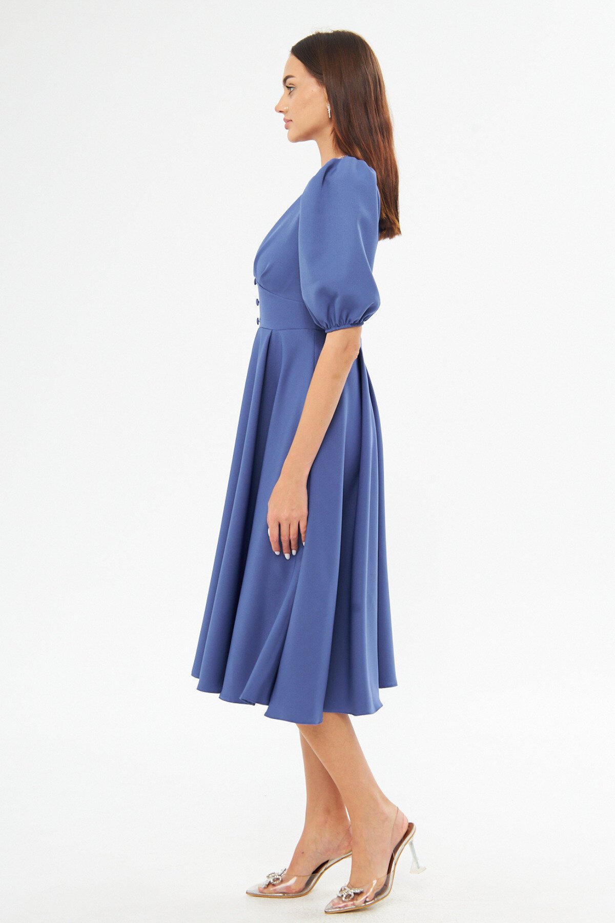 Midi Denim Balloon Sleeve V-Neck Corset Belt Detail Dress - Blue - Bidoluelbise