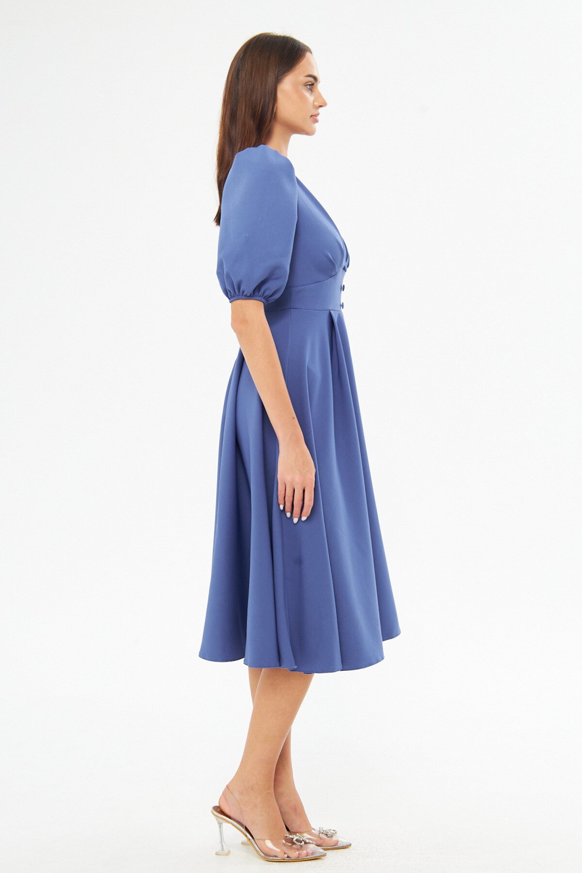 Midi Denim Balloon Sleeve V-Neck Corset Belt Detail Dress - Blue - Bidoluelbise
