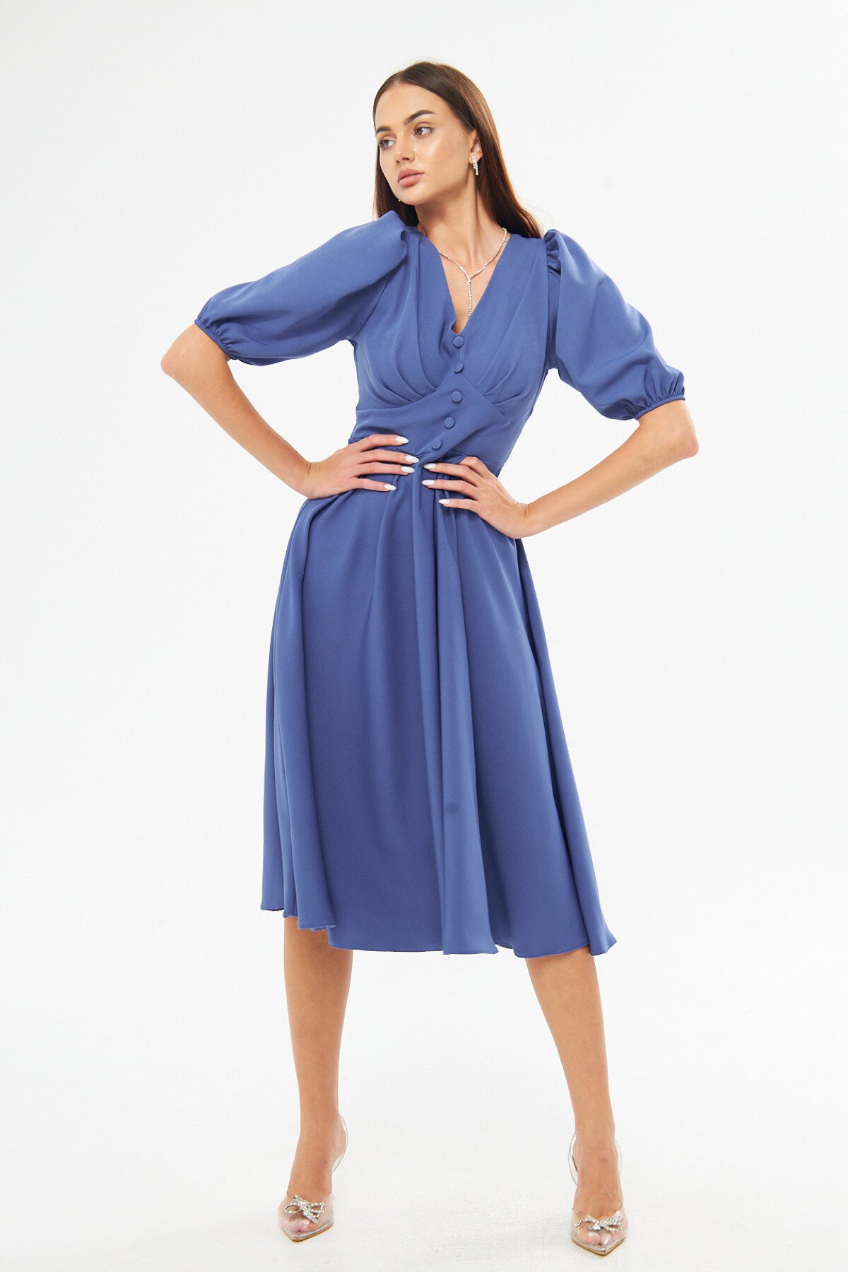 Midi Denim Balloon Sleeve V-Neck Corset Belt Detail Dress - Blue - Bidoluelbise