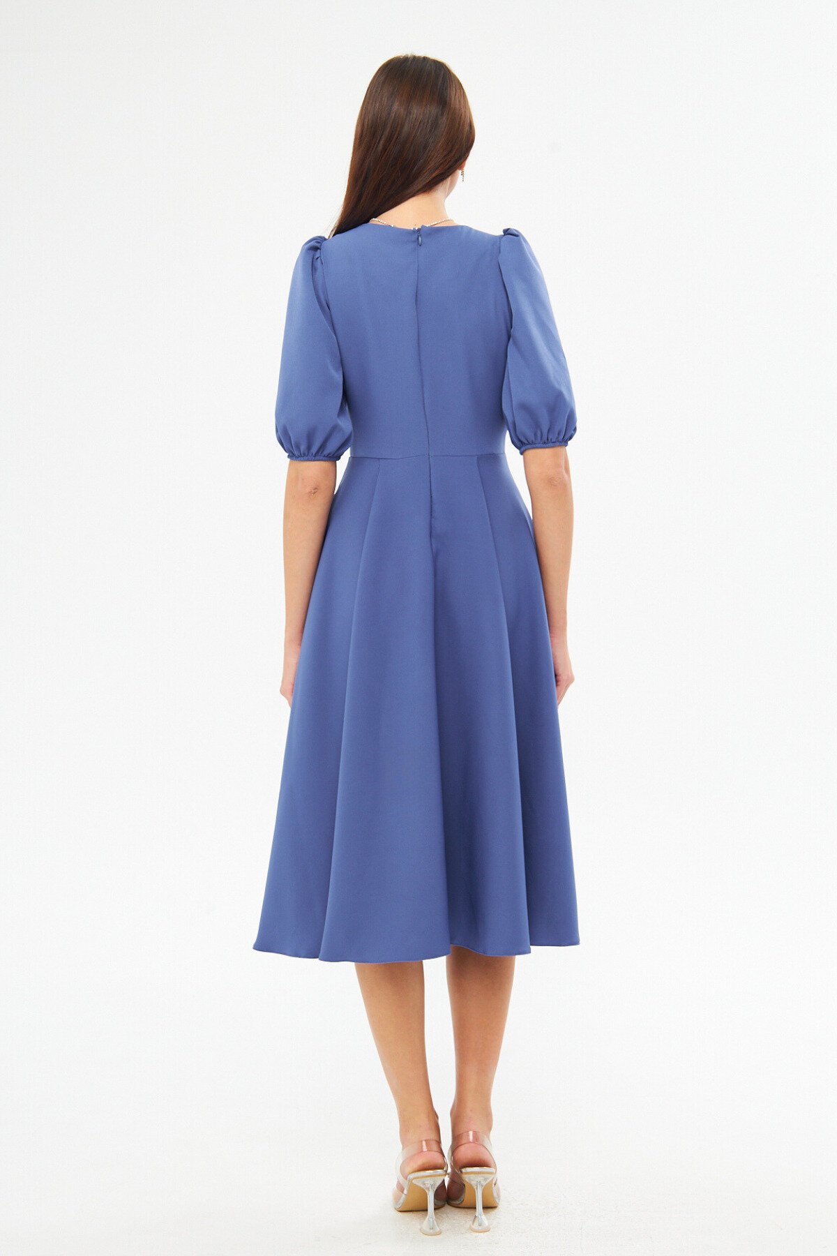 Midi Denim Balloon Sleeve V-Neck Corset Belt Detail Dress - Blue - Bidoluelbise