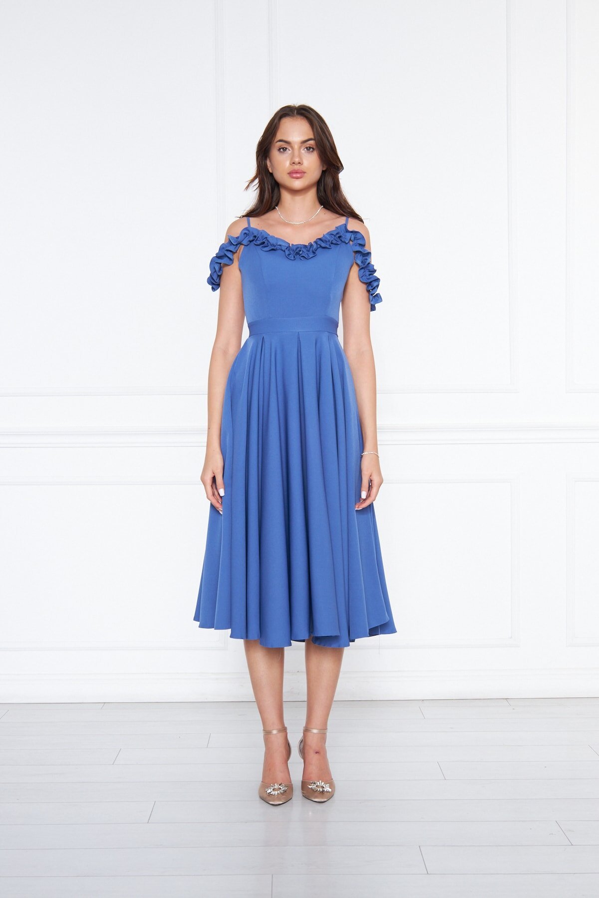 Midi Flared Pleated Ruffle Adjustable Strap Evening Dress - Denim Blue - Bidoluelbise