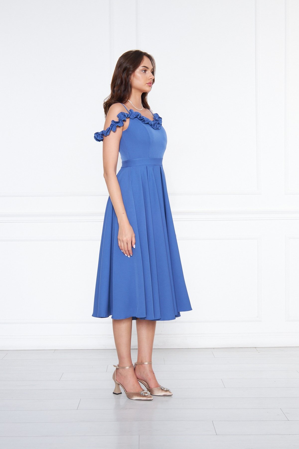 Midi Flared Pleated Ruffle Adjustable Strap Evening Dress - Denim Blue - Bidoluelbise