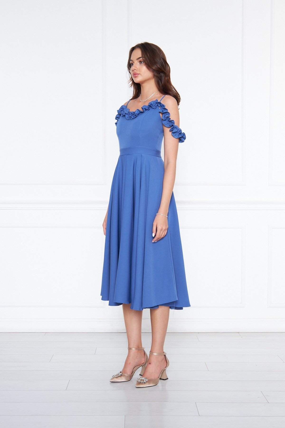 Midi Flared Pleated Ruffle Adjustable Strap Evening Dress - Denim Blue - Bidoluelbise