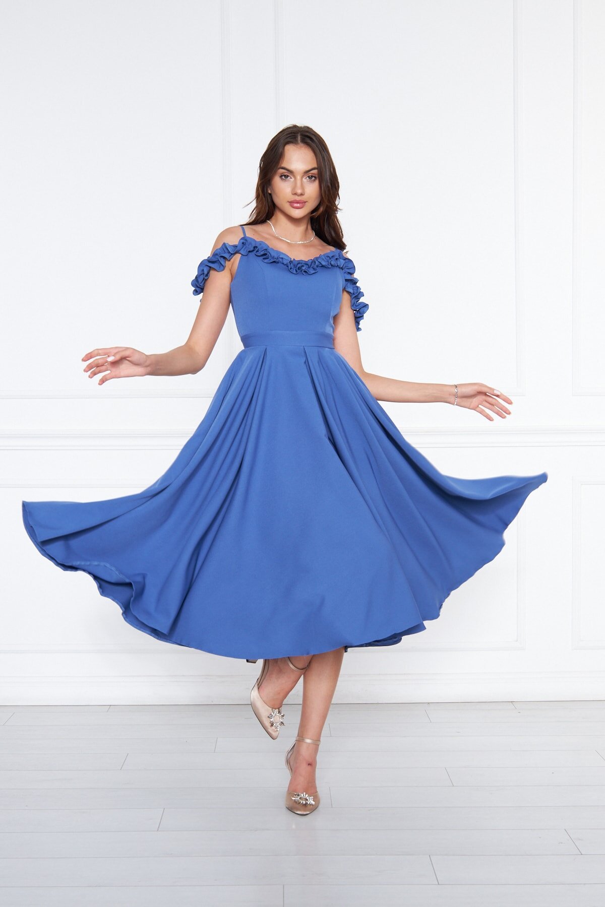 Midi Flared Pleated Ruffle Adjustable Strap Evening Dress - Denim Blue - Bidoluelbise