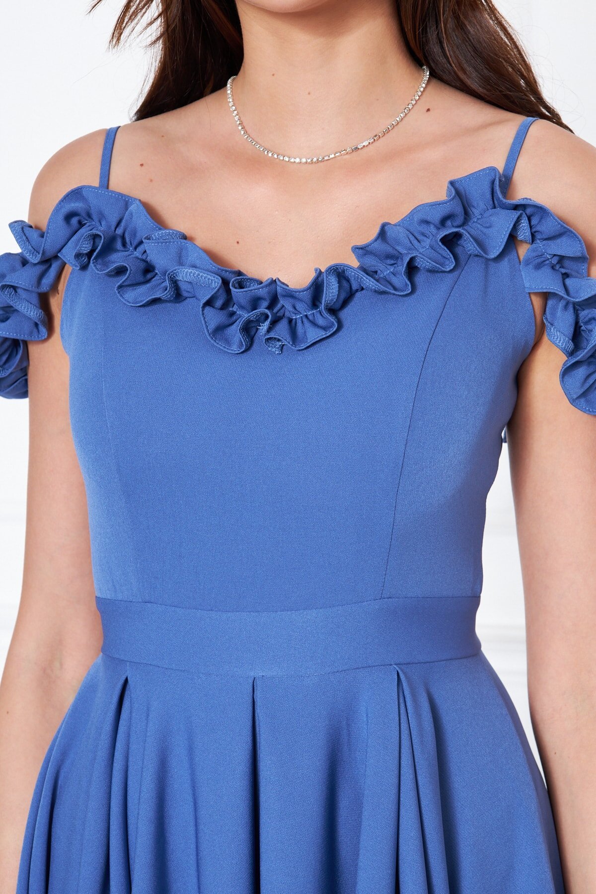 Midi Flared Pleated Ruffle Adjustable Strap Evening Dress - Denim Blue - Bidoluelbise