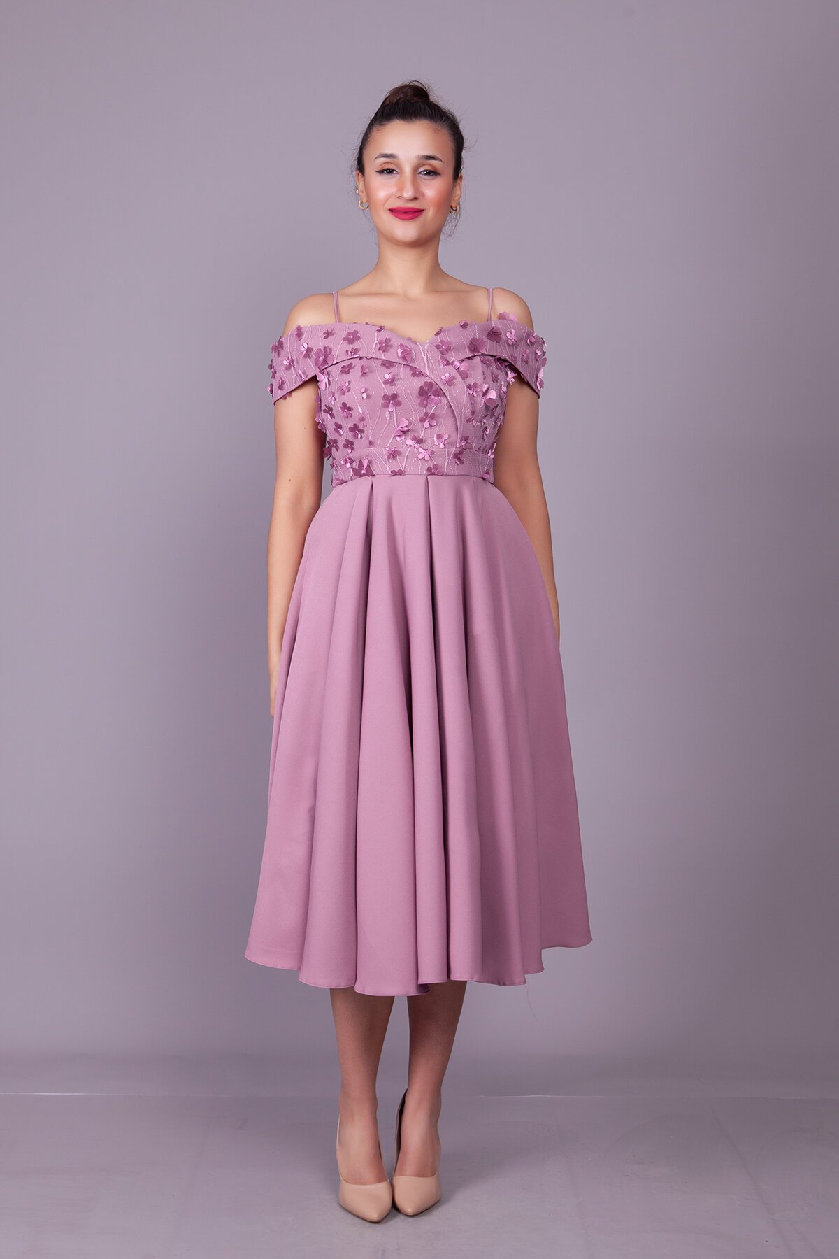 Midi Flared Floral Tulle Strapped Off-the-Shoulder Evening Dress - Dark Rose - Bidoluelbise