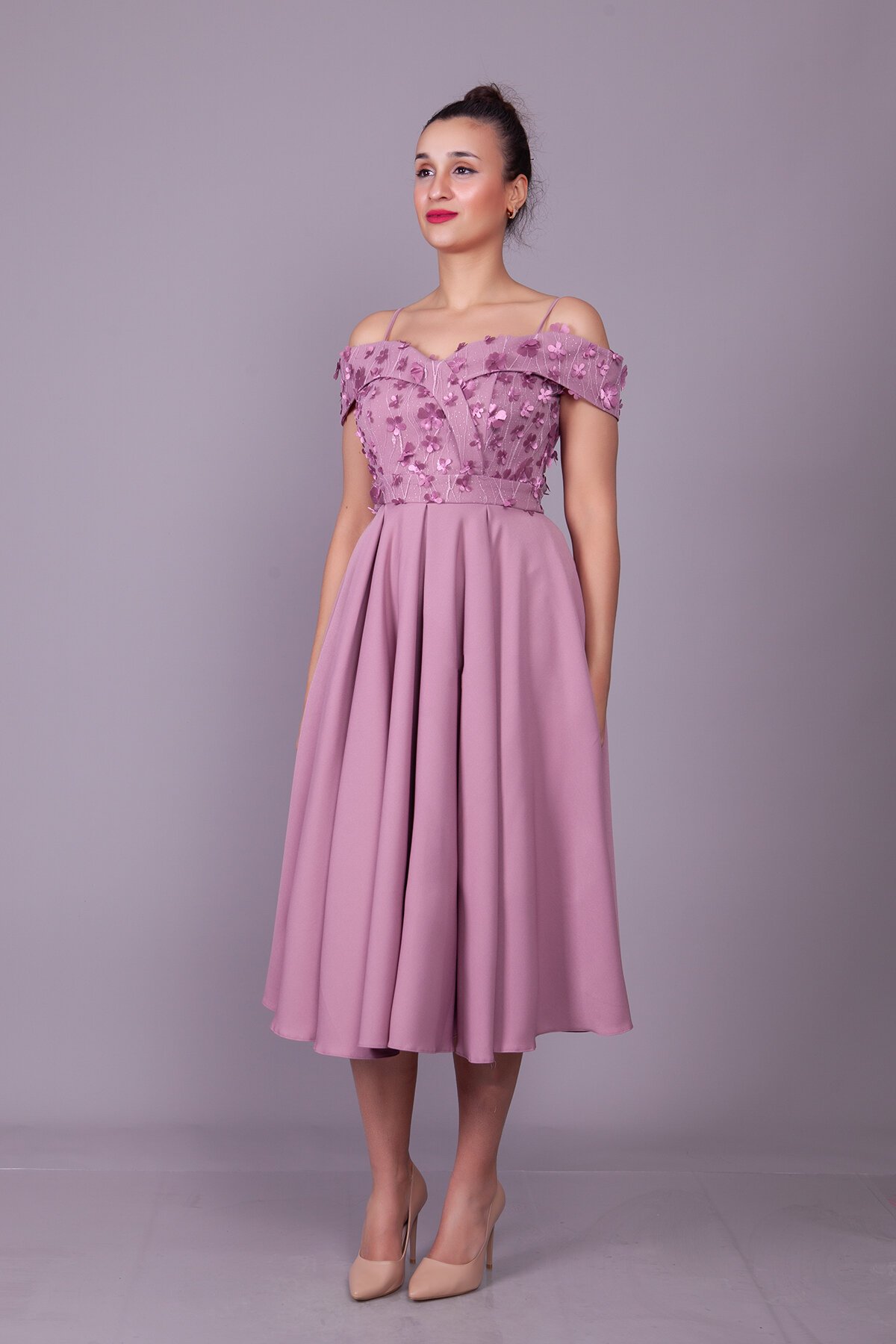Midi Flared Floral Tulle Strapped Off-the-Shoulder Evening Dress - Dark Rose - Bidoluelbise