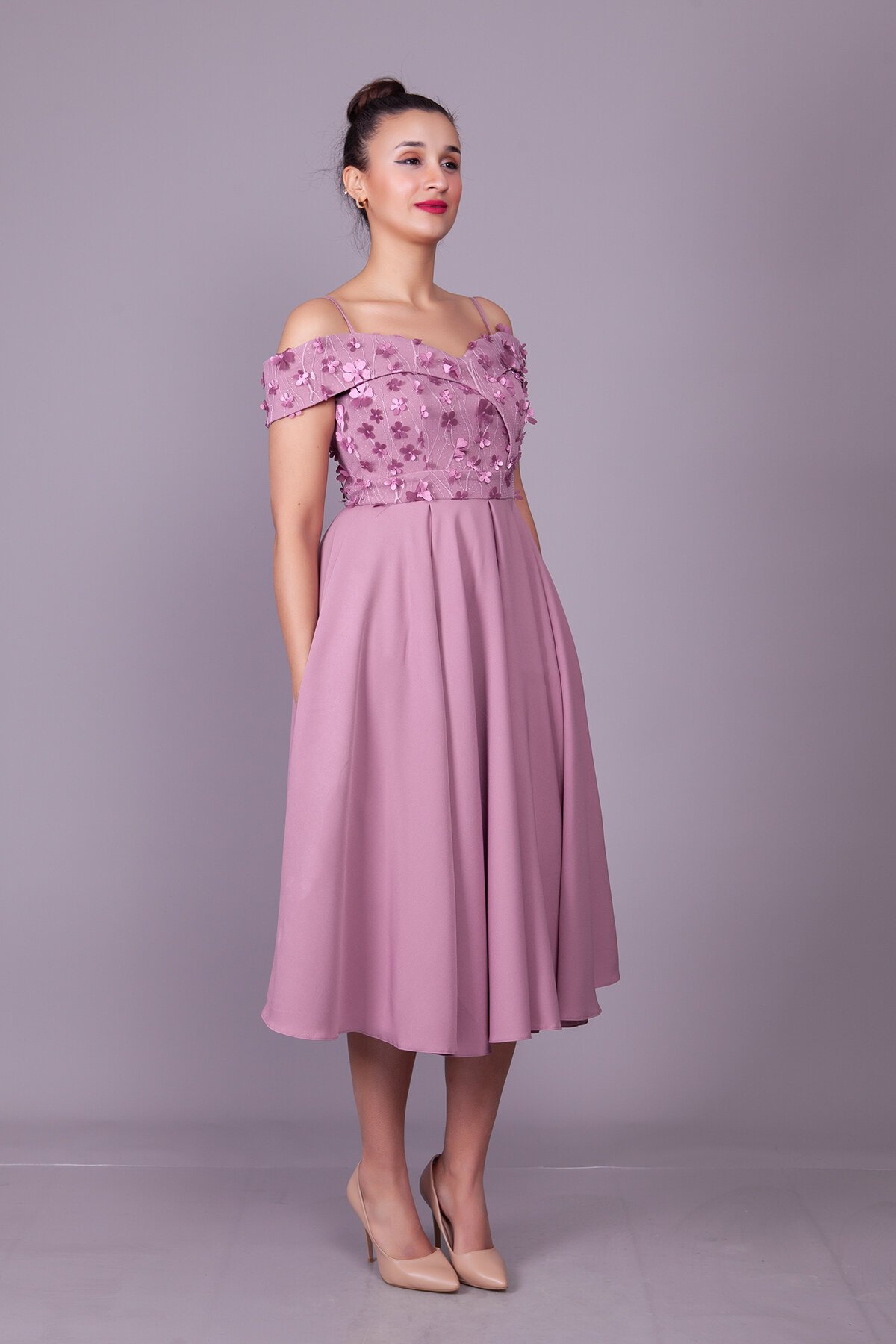 Midi Flared Floral Tulle Strapped Off-the-Shoulder Evening Dress - Dark Rose - Bidoluelbise