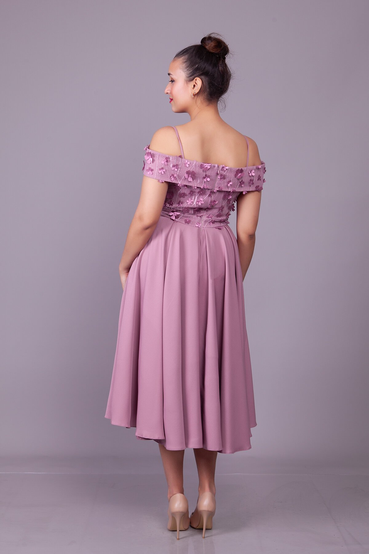 Midi Flared Floral Tulle Strapped Off-the-Shoulder Evening Dress - Dark Rose - Bidoluelbise