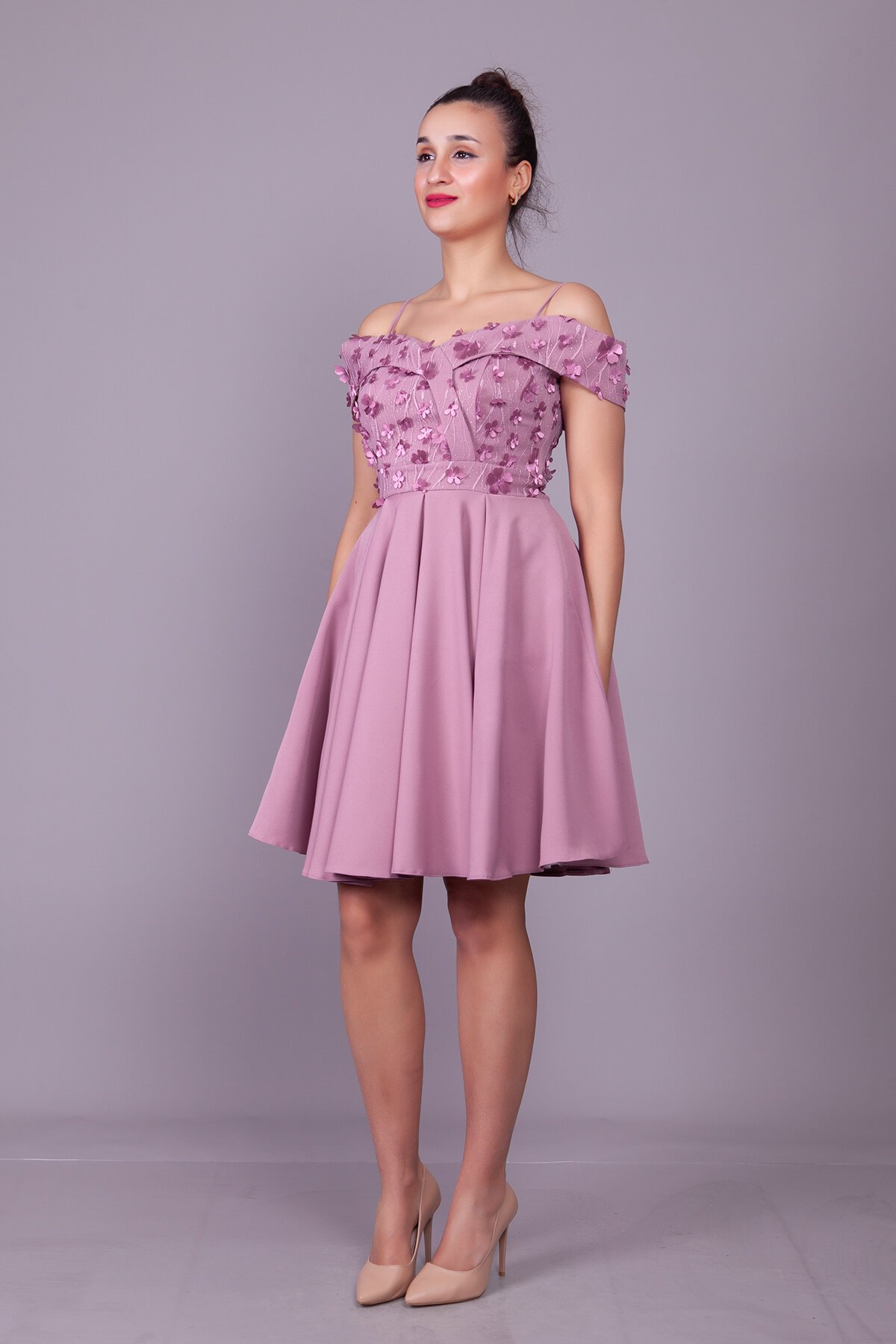 Mini Flared Strapped Dark Rose Floral Tulle Off-Shoulder Evening Dress - Bidoluelbise