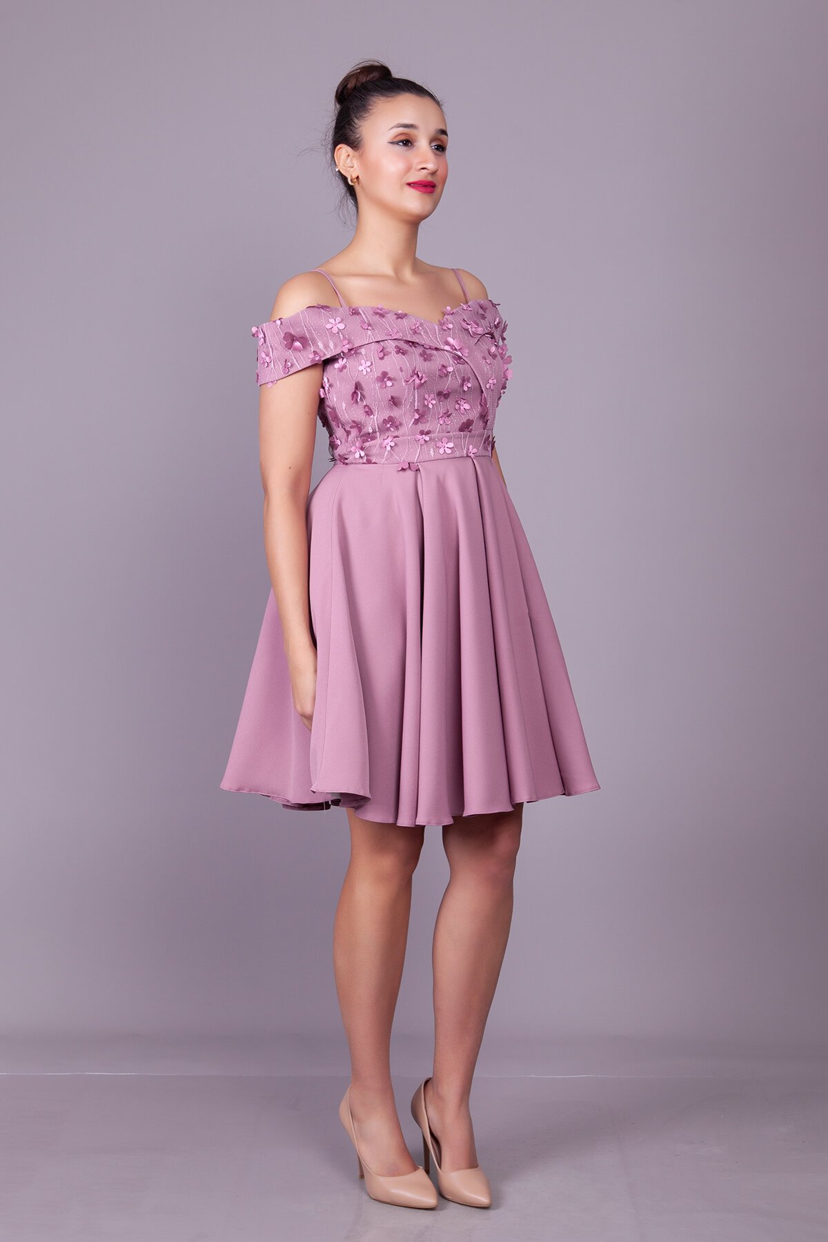 Mini Flared Strapped Dark Rose Floral Tulle Off-Shoulder Evening Dress - Bidoluelbise