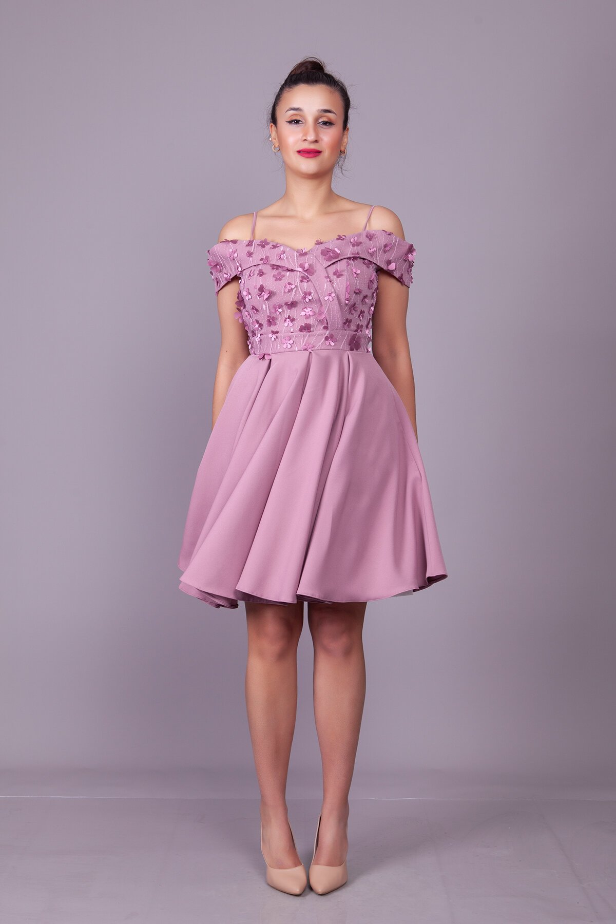 Mini Flared Strapped Dark Rose Floral Tulle Off-Shoulder Evening Dress - Bidoluelbise
