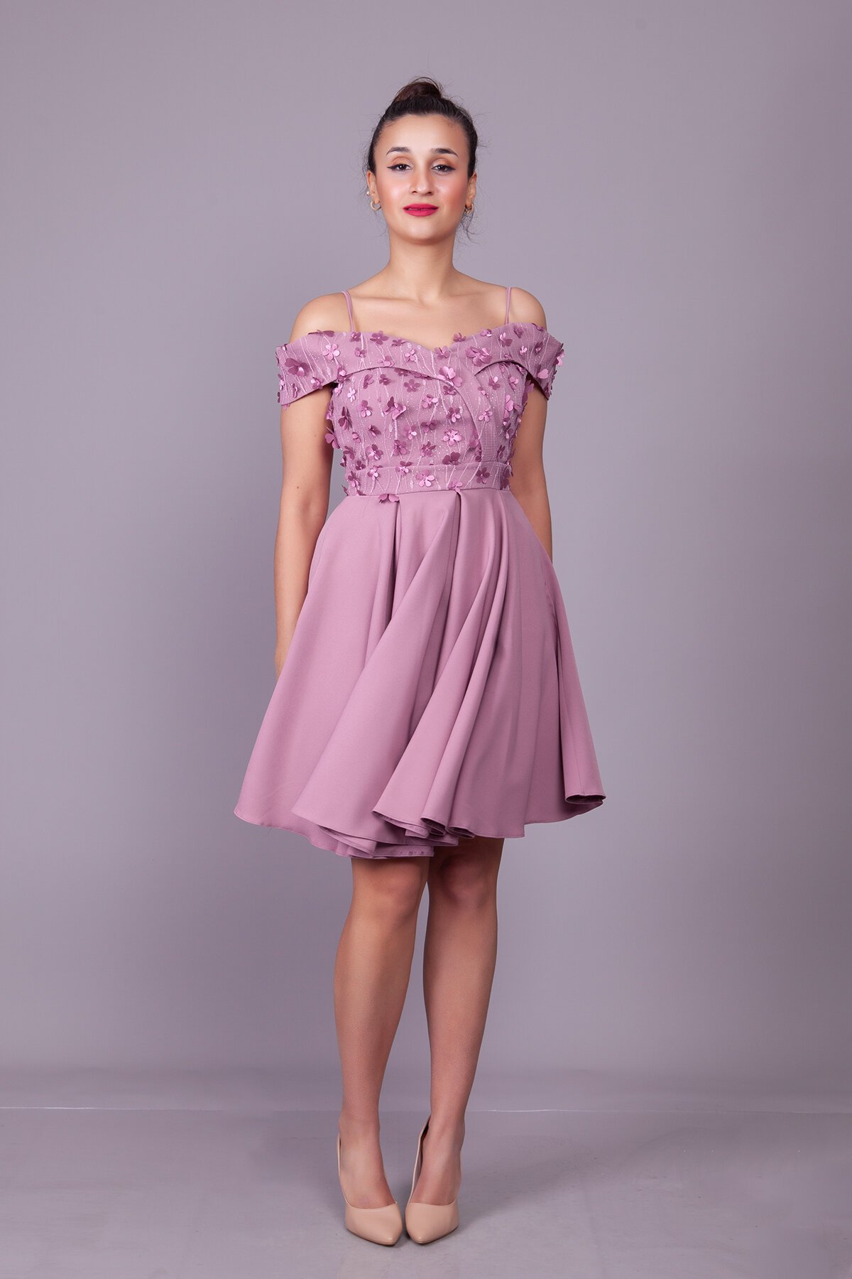 Mini Flared Strapped Dark Rose Floral Tulle Off-Shoulder Evening Dress - Bidoluelbise