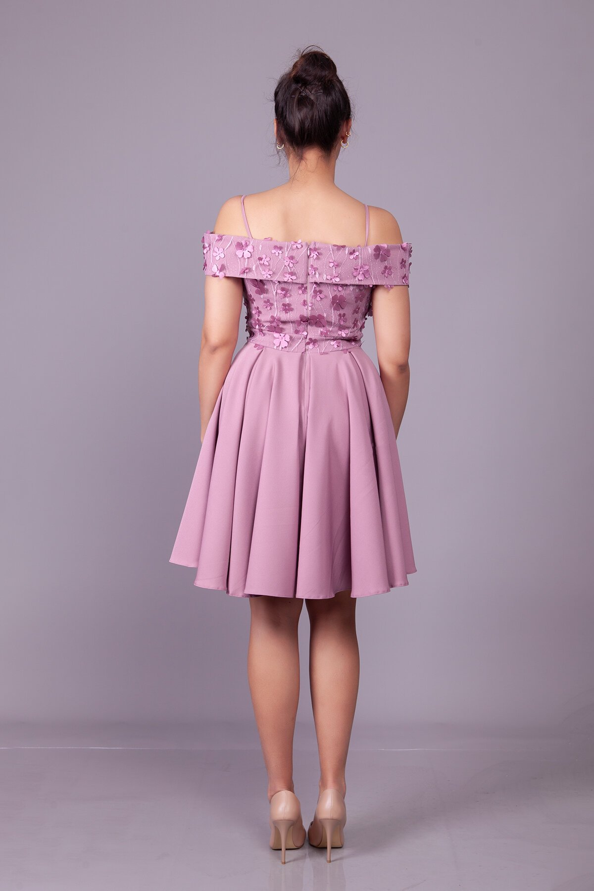 Mini Flared Strapped Dark Rose Floral Tulle Off-Shoulder Evening Dress - Bidoluelbise
