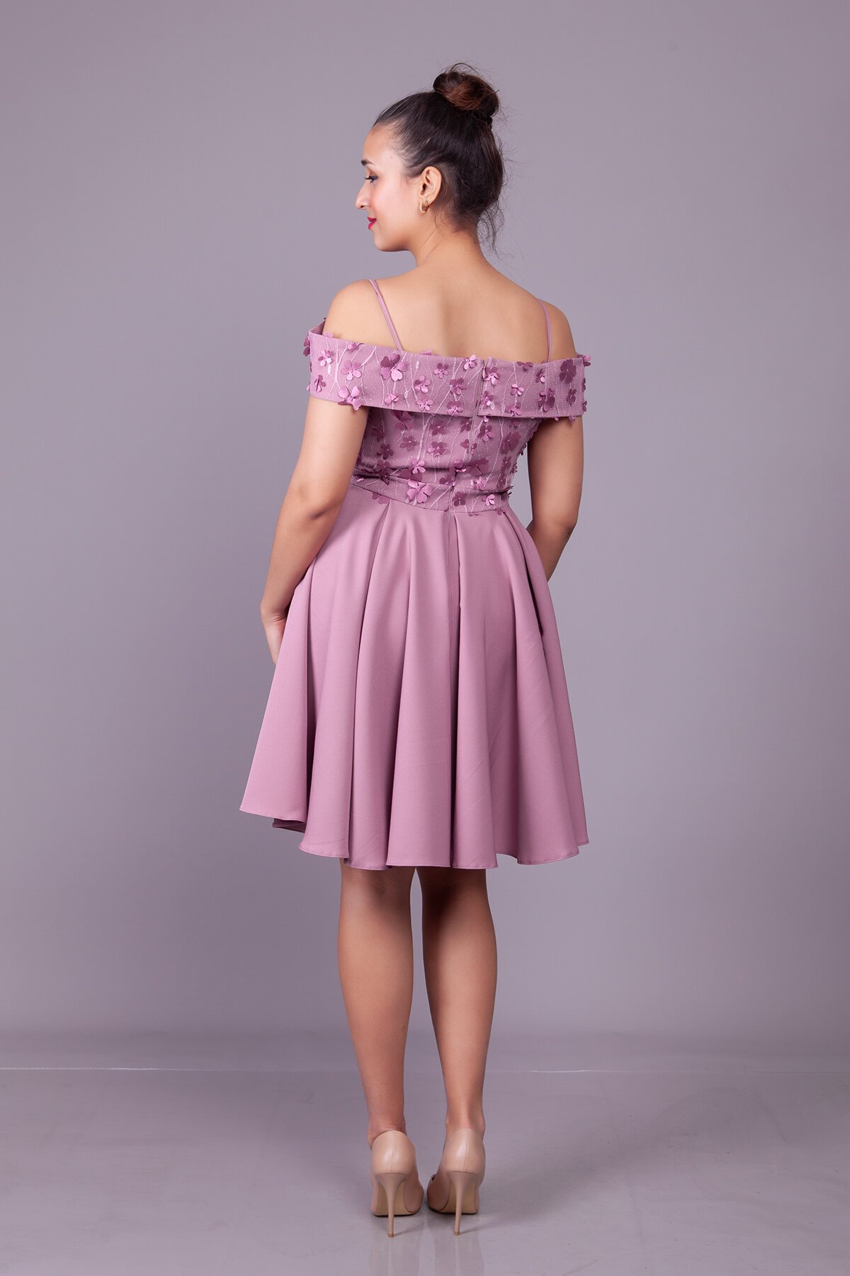 Mini Flared Strapped Dark Rose Floral Tulle Off-Shoulder Evening Dress - Bidoluelbise